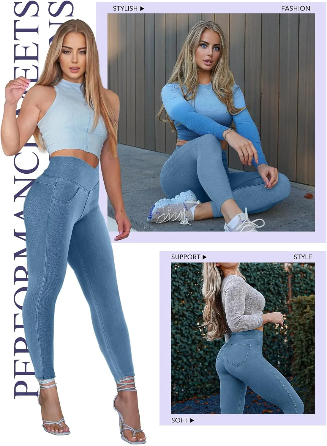 AIMILIA Crossover Jeggings for Women Tummy Control High Waist Pull On Stretchy Jeans Denim Leggings with Pockets Slimming