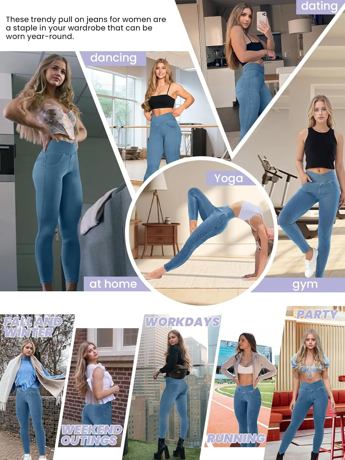 AIMILIA Crossover Jeggings for Women Tummy Control High Waist Pull On Stretchy Jeans Denim Leggings with Pockets Slimming