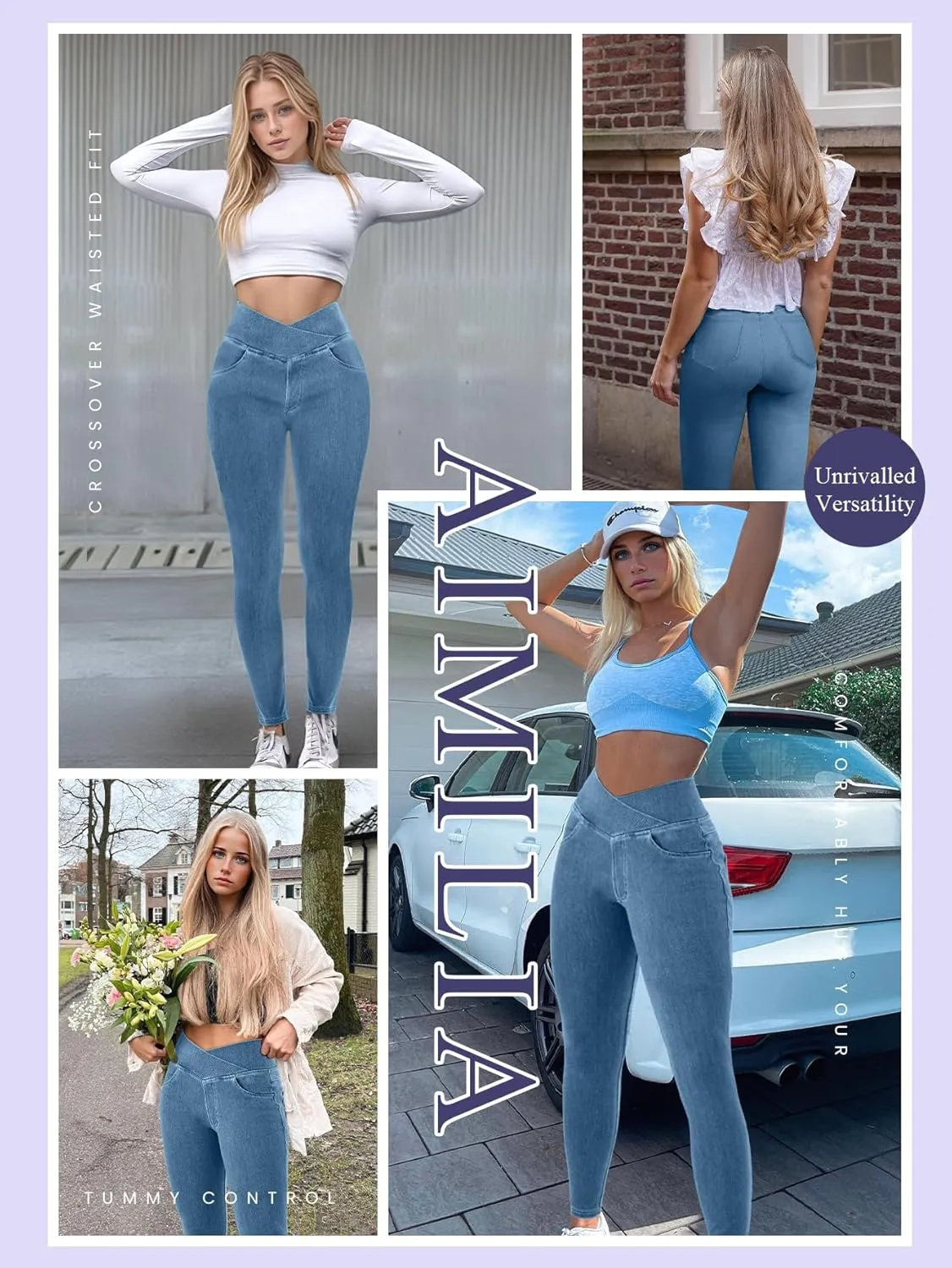 AIMILIA Crossover Jeggings for Women Tummy Control High Waist Pull On Stretchy Jeans Denim Leggings with Pockets Slimming