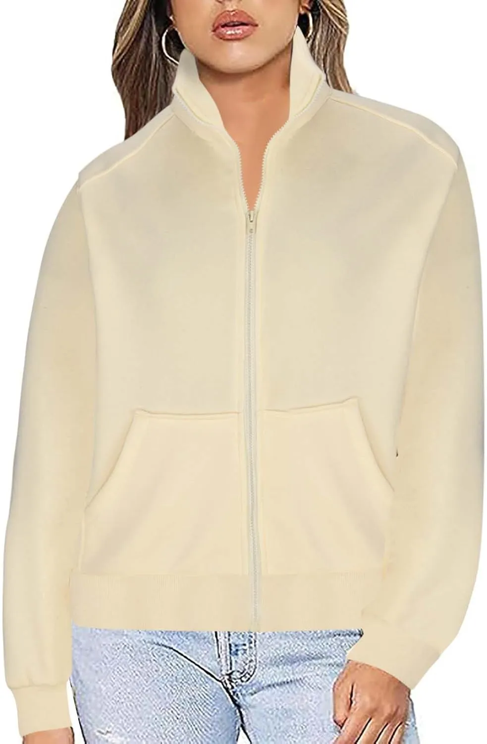Akklian Women's Full Zip Up Jackets No Hood Long Sleeve Loose Fit Sweatshirts Solid Fashion Casual Cardigan Tops with Pockets