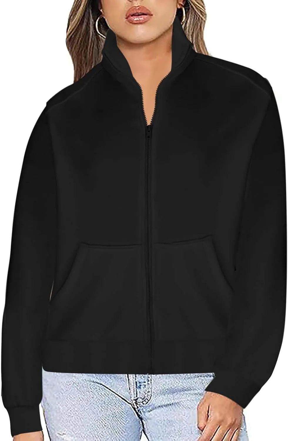Akklian Women's Full Zip Up Jackets No Hood Long Sleeve Loose Fit Sweatshirts Solid Fashion Casual Cardigan Tops with Pockets