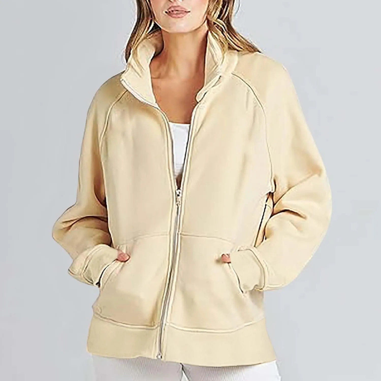 Akklian Women's Full Zip Up Jackets No Hood Long Sleeve Loose Fit Sweatshirts Solid Fashion Casual Cardigan Tops with Pockets