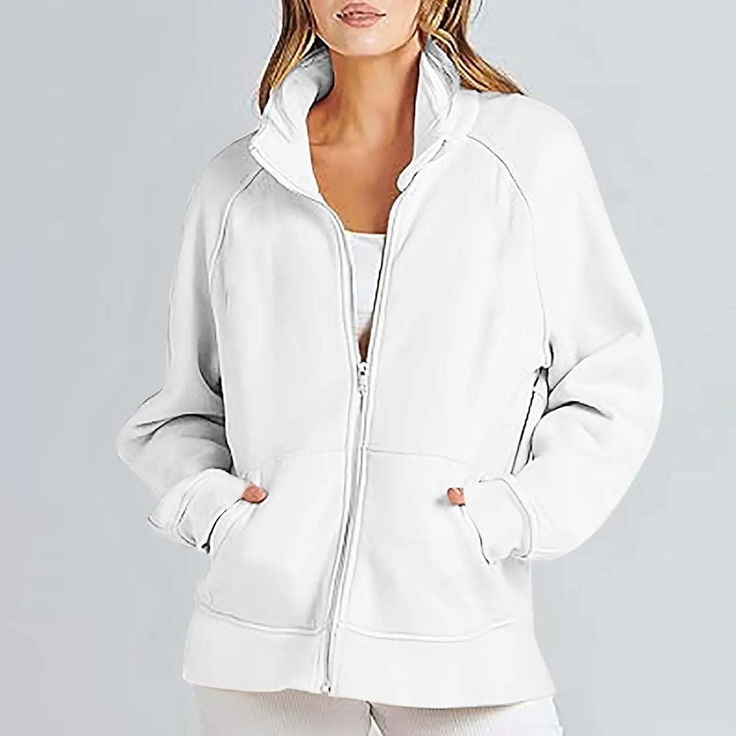 Akklian Women's Full Zip Up Jackets No Hood Long Sleeve Loose Fit Sweatshirts Solid Fashion Casual Cardigan Tops with Pockets