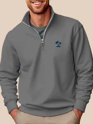 Alohadaddy Gray Stand Collar Half Zip Men's Pullover Sweatshirts Coconut Tree Easy to Wear Stretch Plus Size Holiday Camp Sweatshirts