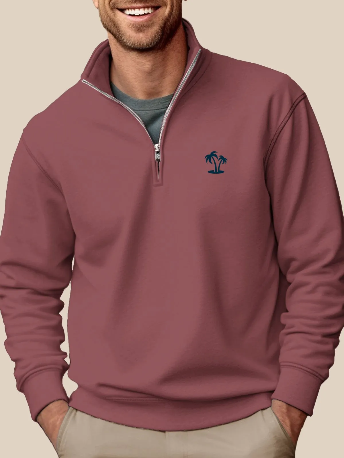 Alohadaddy Gray Stand Collar Half Zip Men's Pullover Sweatshirts Coconut Tree Easy to Wear Stretch Plus Size Holiday Camp Sweatshirts