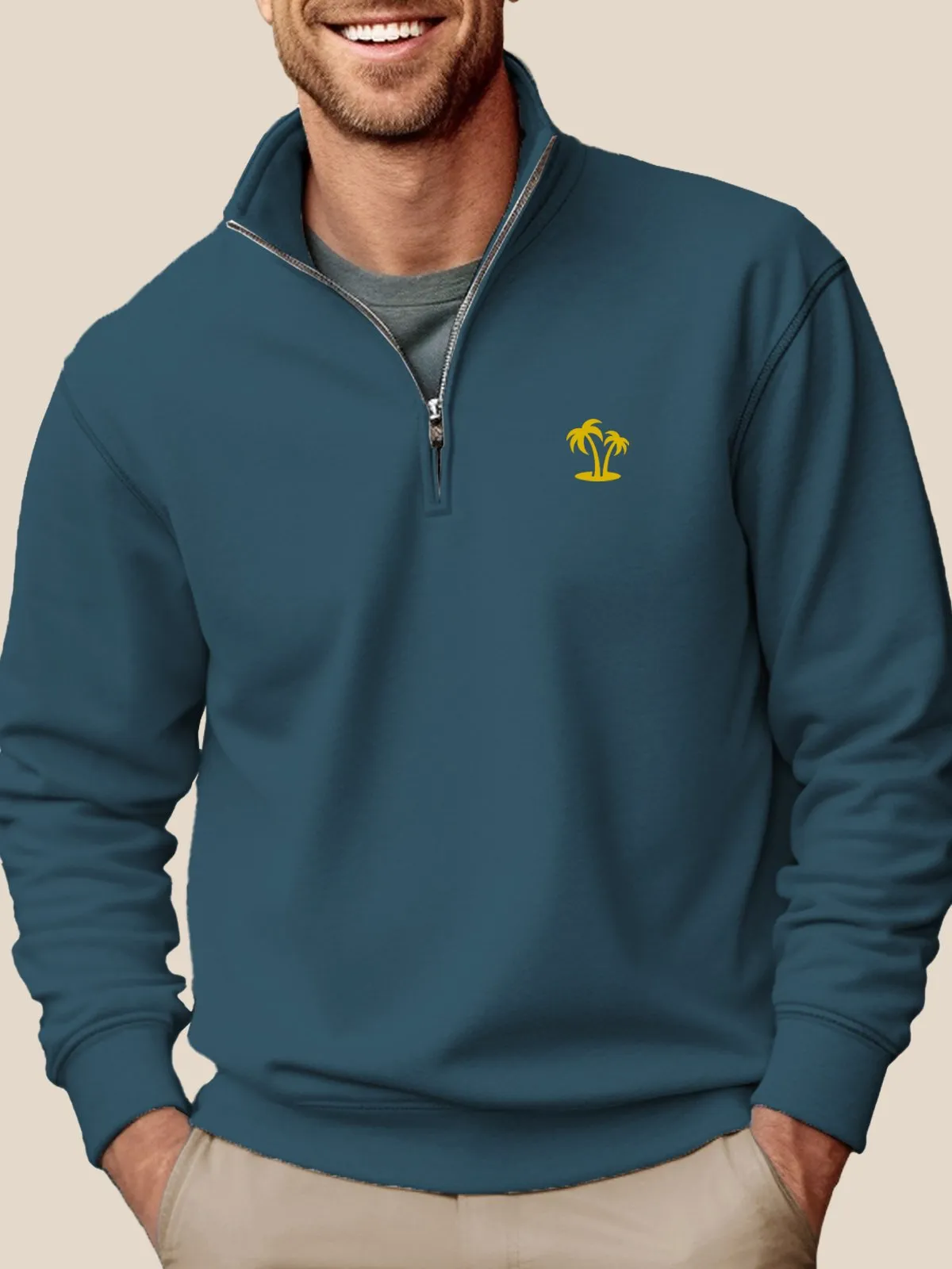 Alohadaddy Gray Stand Collar Half Zip Men's Pullover Sweatshirts Coconut Tree Easy to Wear Stretch Plus Size Holiday Camp Sweatshirts