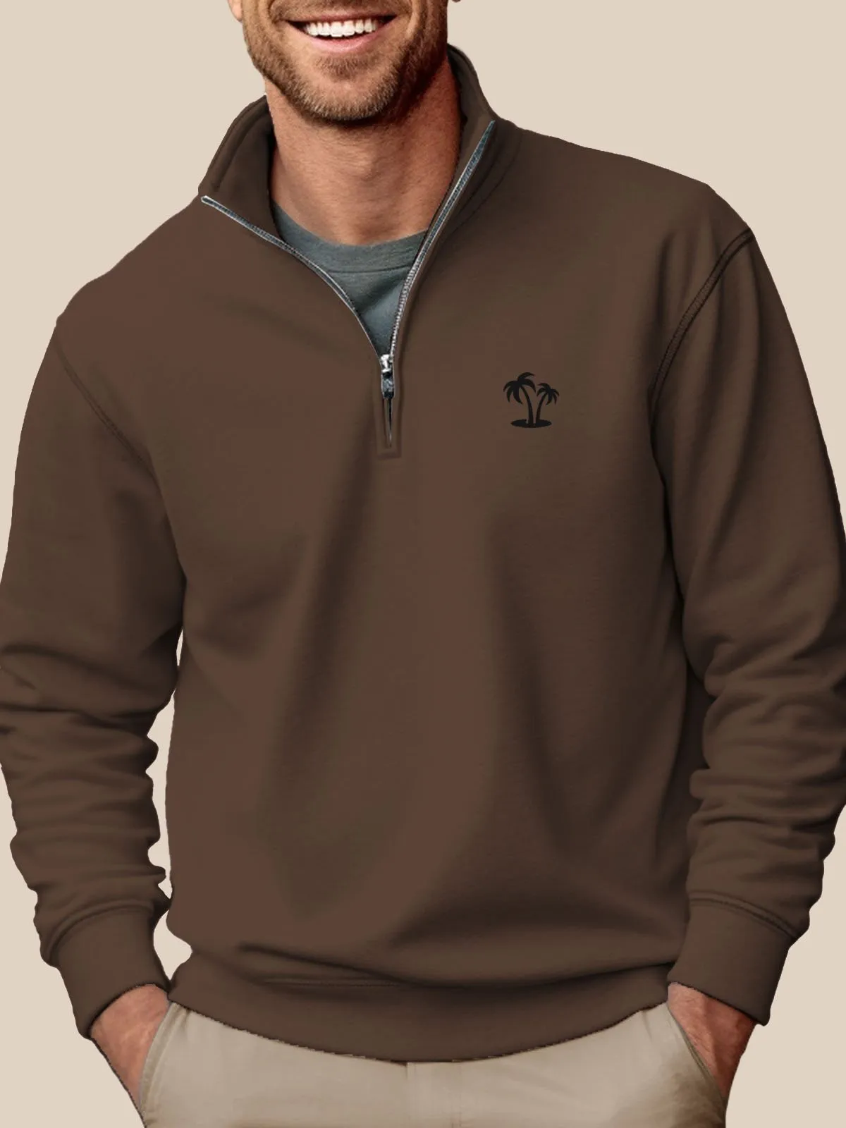 Alohadaddy Gray Stand Collar Half Zip Men's Pullover Sweatshirts Coconut Tree Easy to Wear Stretch Plus Size Holiday Camp Sweatshirts