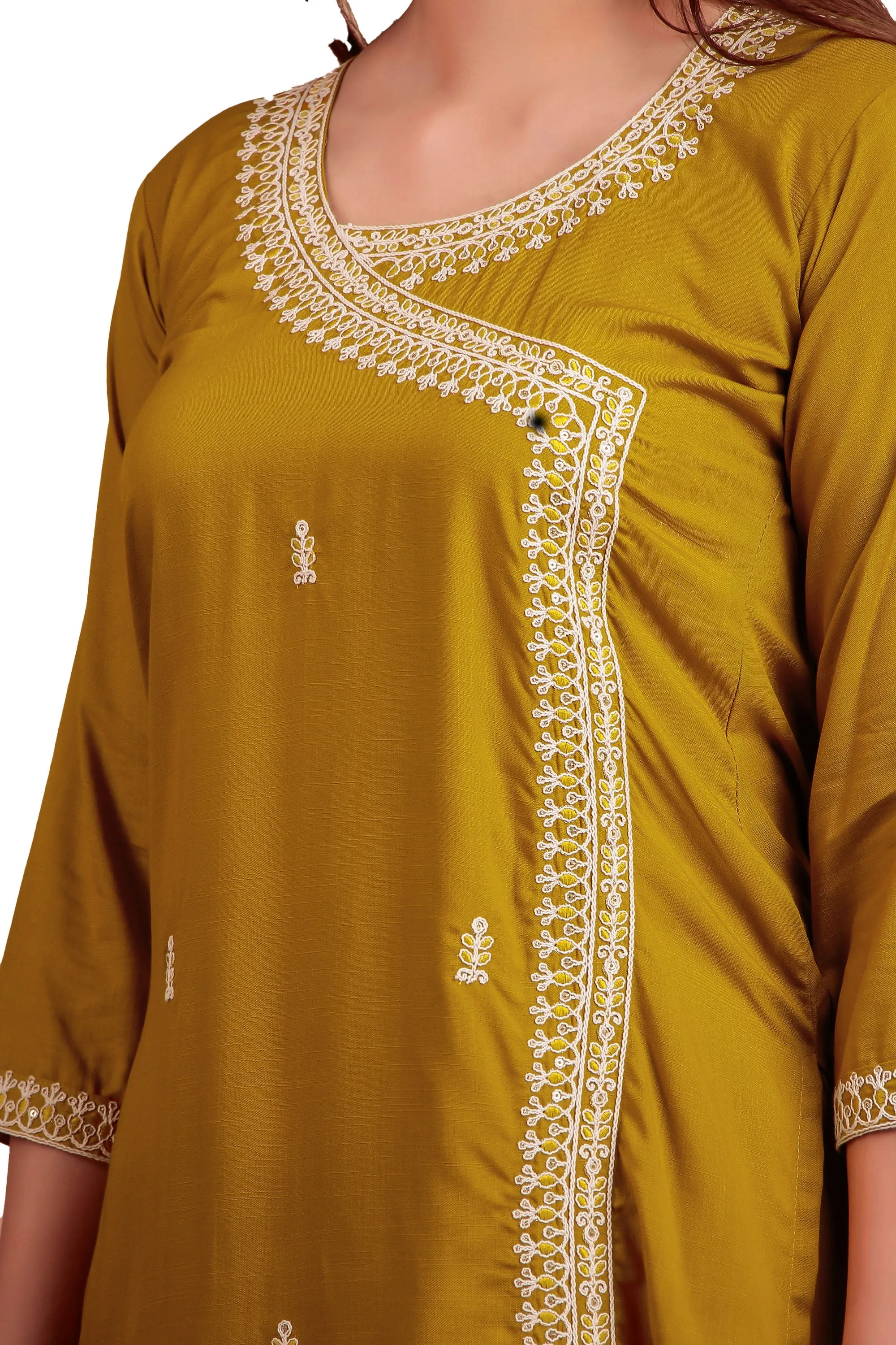 Ambarlyn Women's Rayon Slub Angrakha Kurta with Pants Set | Embroidery & Sequins | 2-Piece Ethnic Set