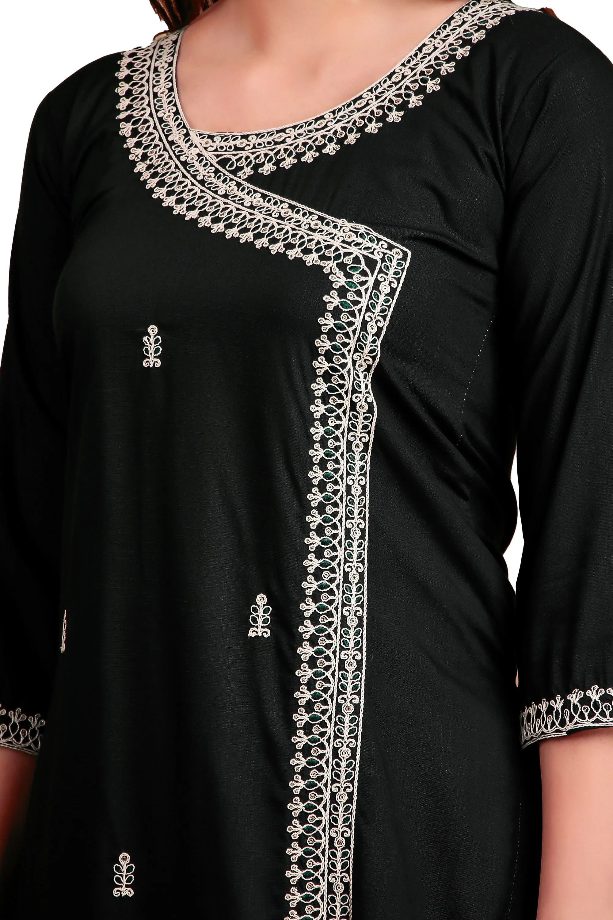 Ambarlyn Women's Rayon Slub Angrakha Kurta with Pants Set | Embroidery & Sequins | 2-Piece Ethnic Set