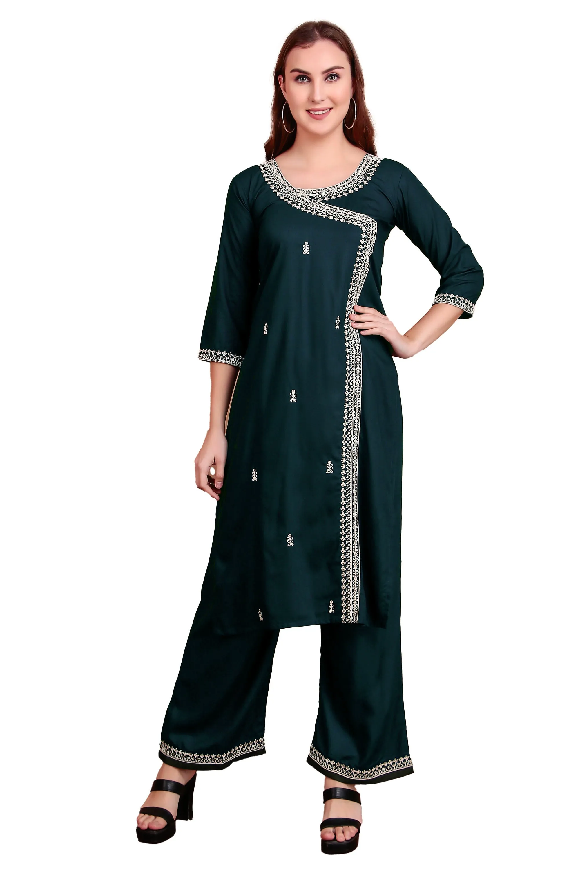 Ambarlyn Women's Rayon Slub Angrakha Kurta with Pants Set | Embroidery & Sequins | 2-Piece Ethnic Set