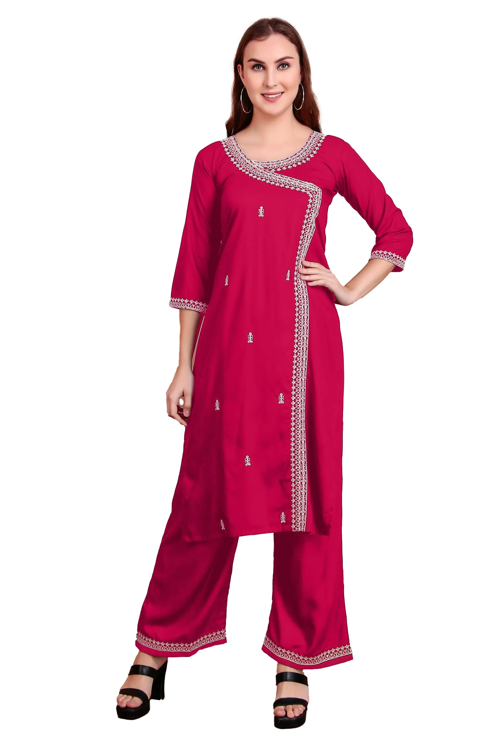 Ambarlyn Women's Rayon Slub Angrakha Kurta with Pants Set | Embroidery & Sequins | 2-Piece Ethnic Set