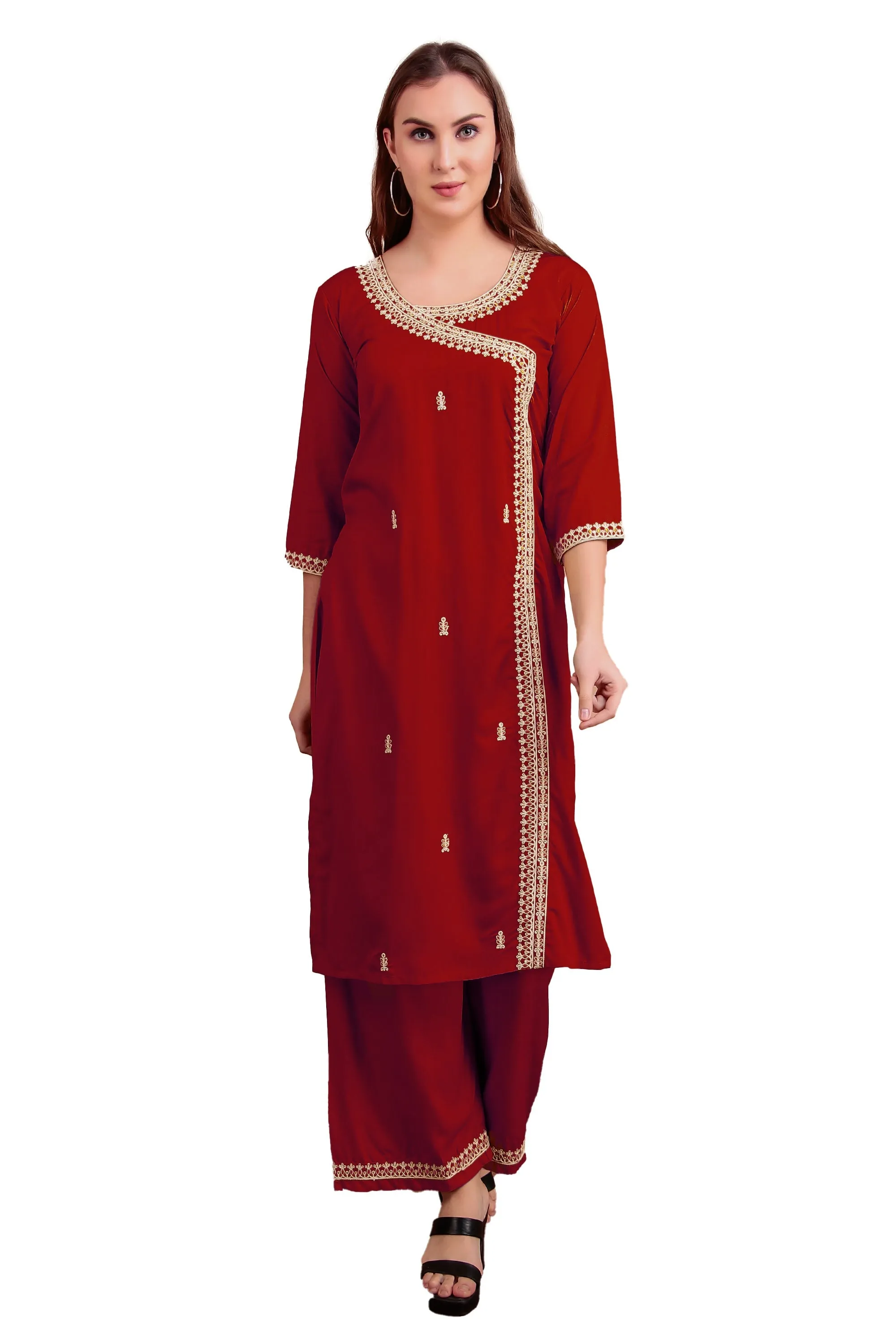 Ambarlyn Women's Rayon Slub Angrakha Kurta with Pants Set | Embroidery & Sequins | 2-Piece Ethnic Set
