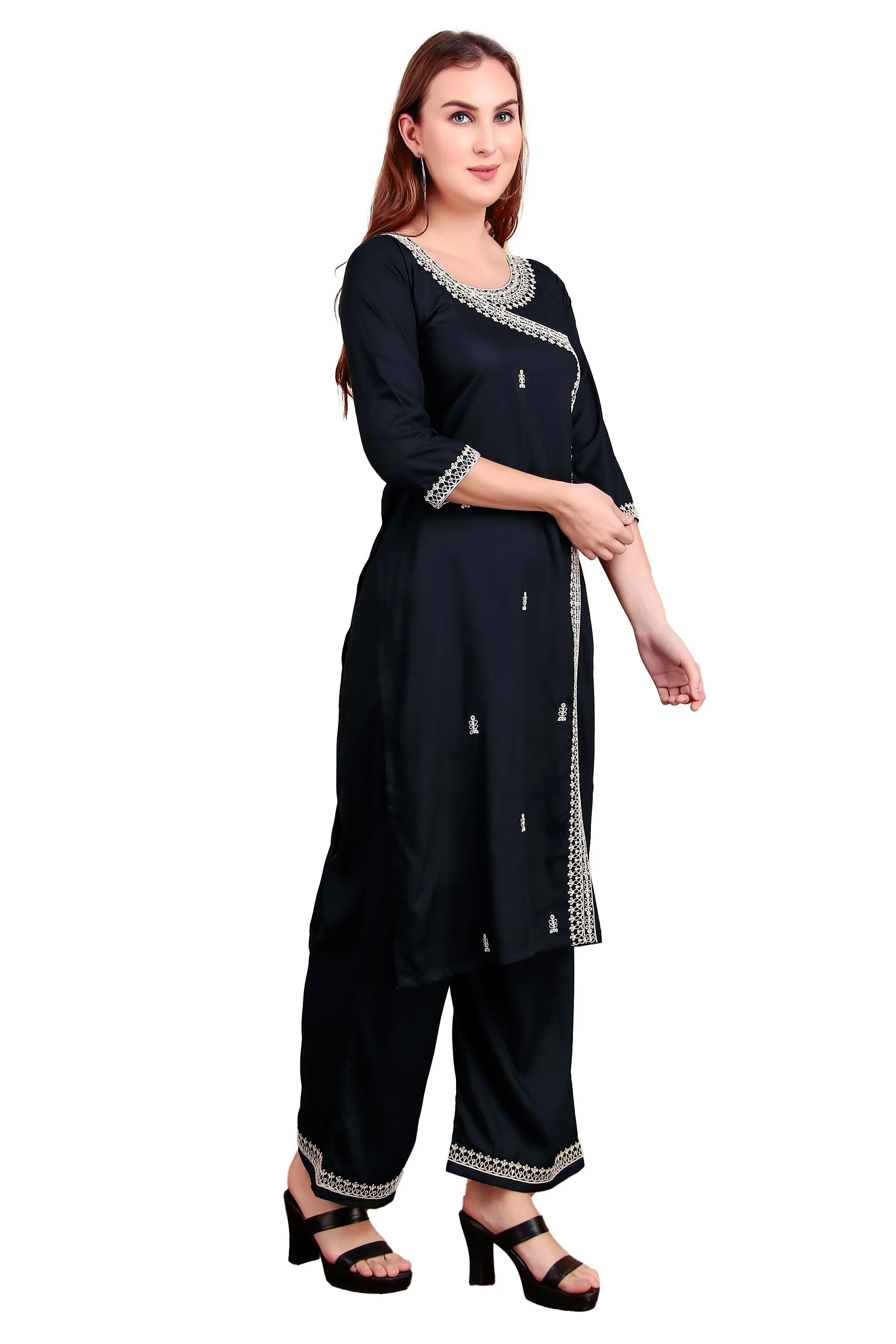 Ambarlyn Women's Rayon Slub Angrakha Kurta with Pants Set | Embroidery & Sequins | 2-Piece Ethnic Set
