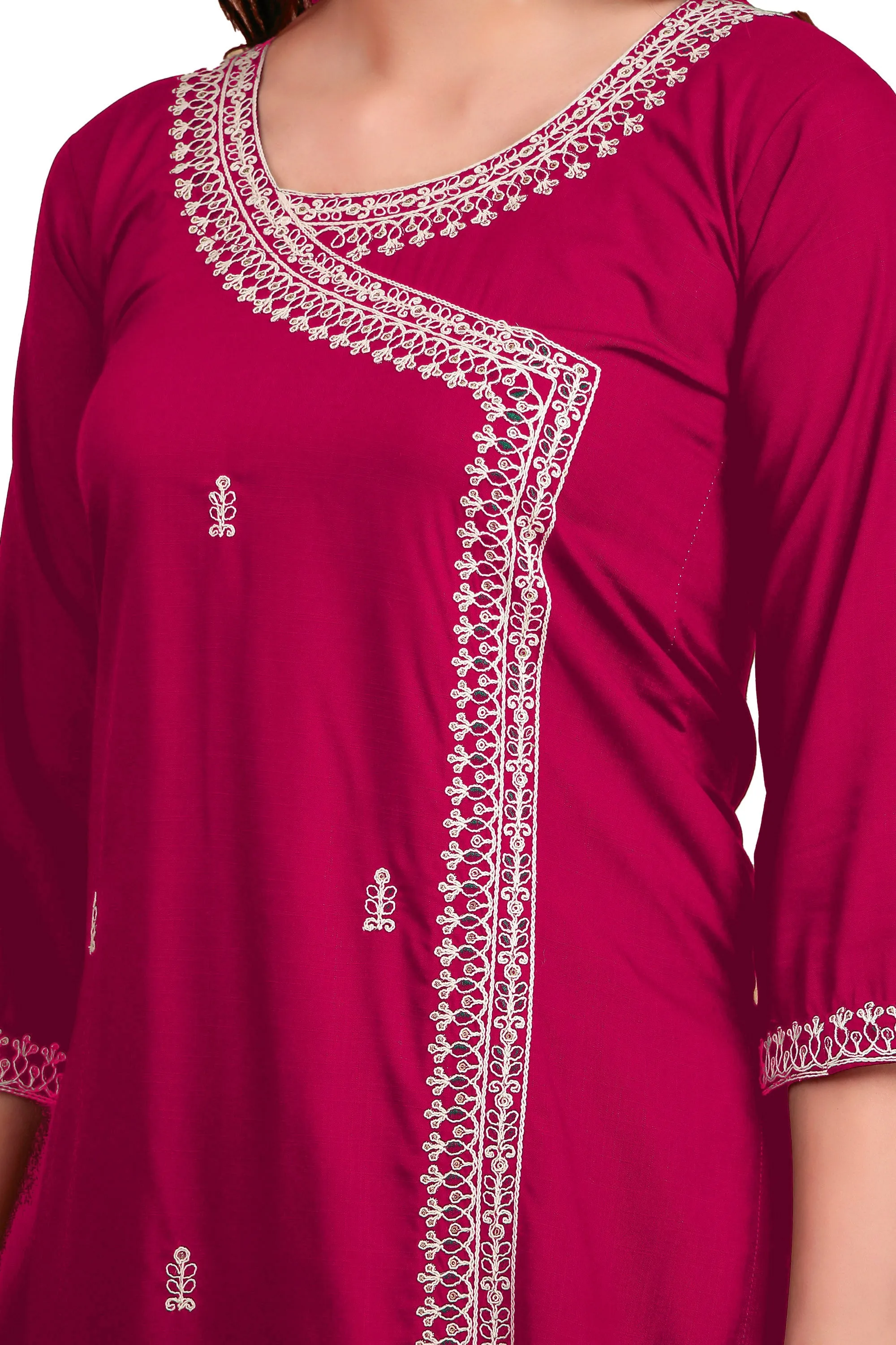 Ambarlyn Women's Rayon Slub Angrakha Kurta with Pants Set | Embroidery & Sequins | 2-Piece Ethnic Set