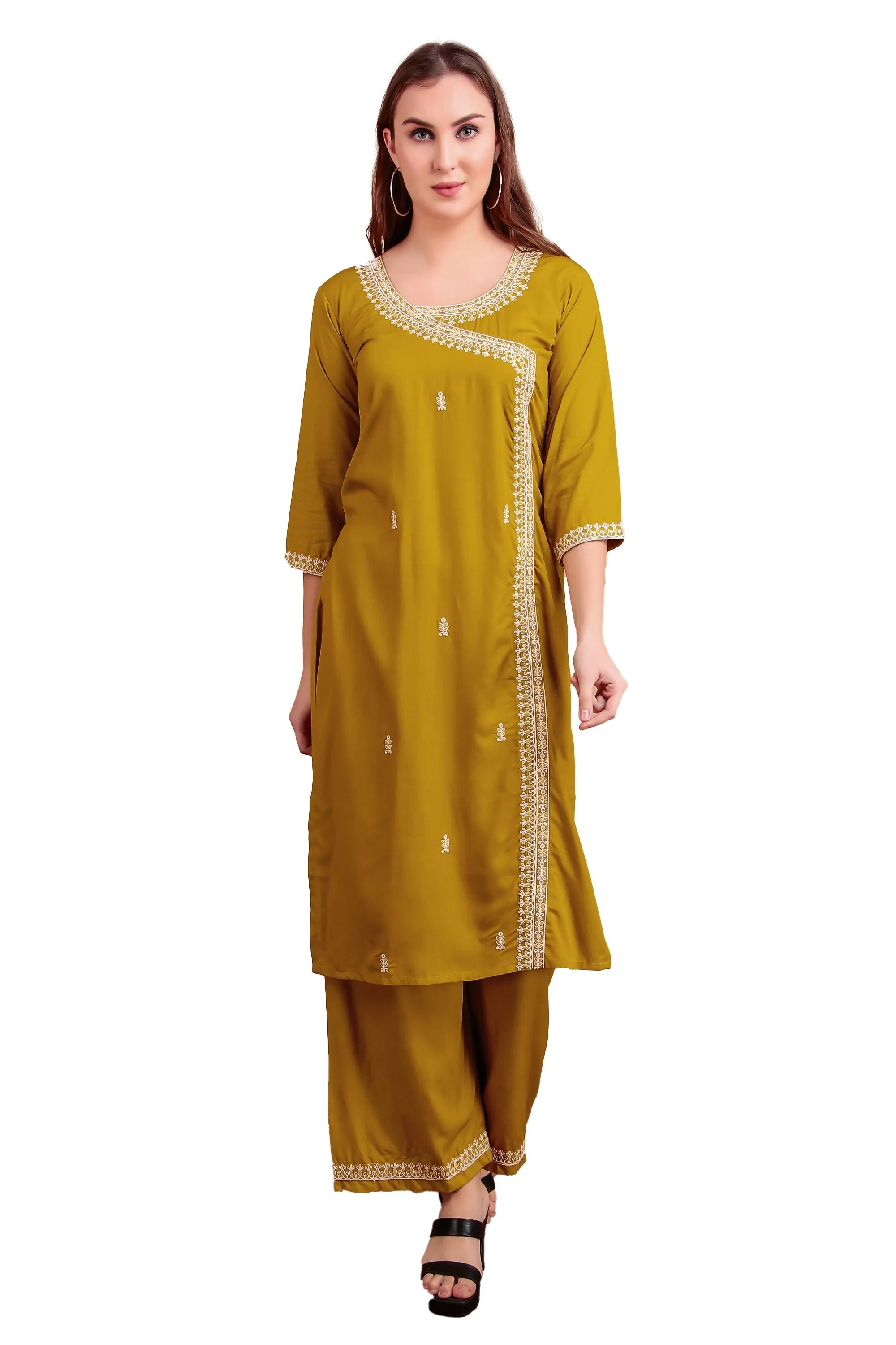 Ambarlyn Women's Rayon Slub Angrakha Kurta with Pants Set | Embroidery & Sequins | 2-Piece Ethnic Set