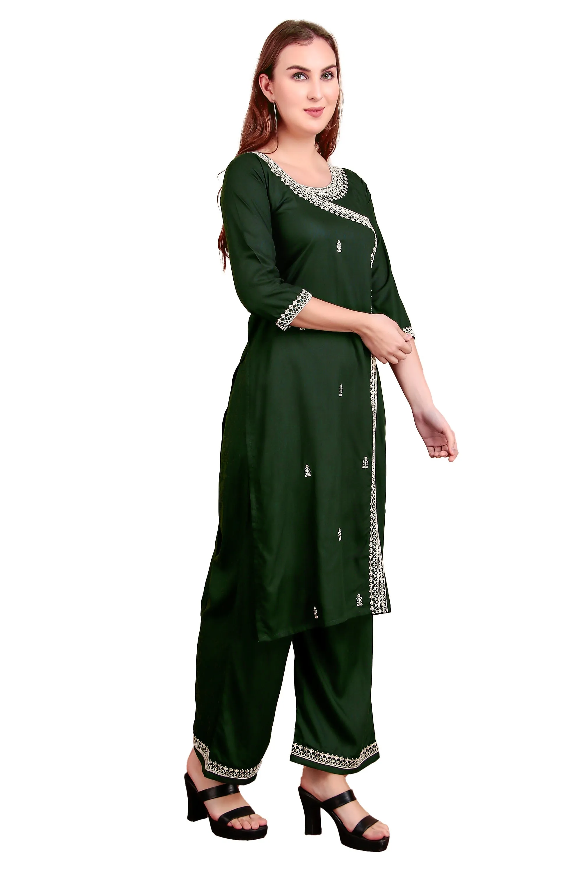 Ambarlyn Women's Rayon Slub Angrakha Kurta with Pants Set | Embroidery & Sequins | 2-Piece Ethnic Set