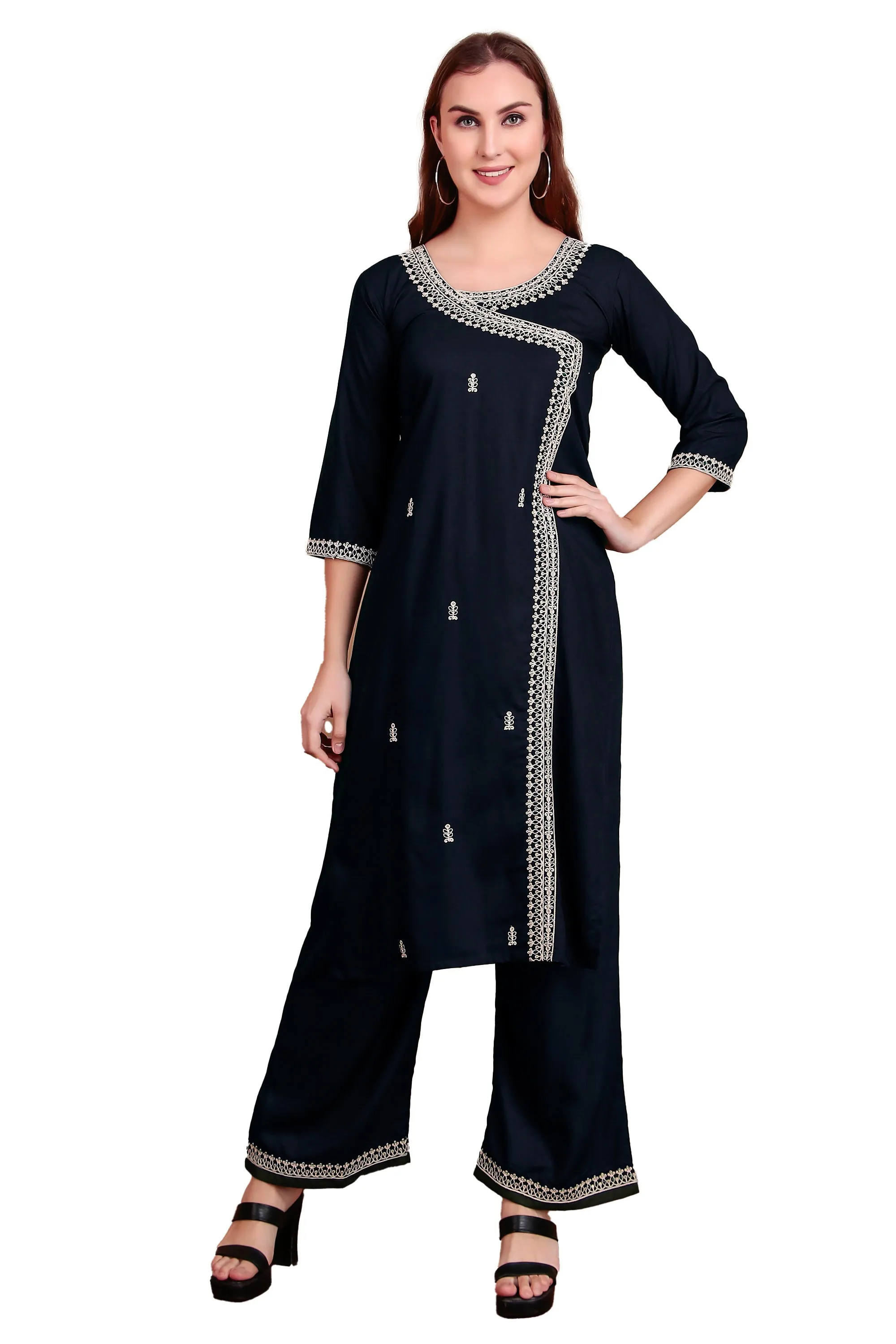 Ambarlyn Women's Rayon Slub Angrakha Kurta with Pants Set | Embroidery & Sequins | 2-Piece Ethnic Set