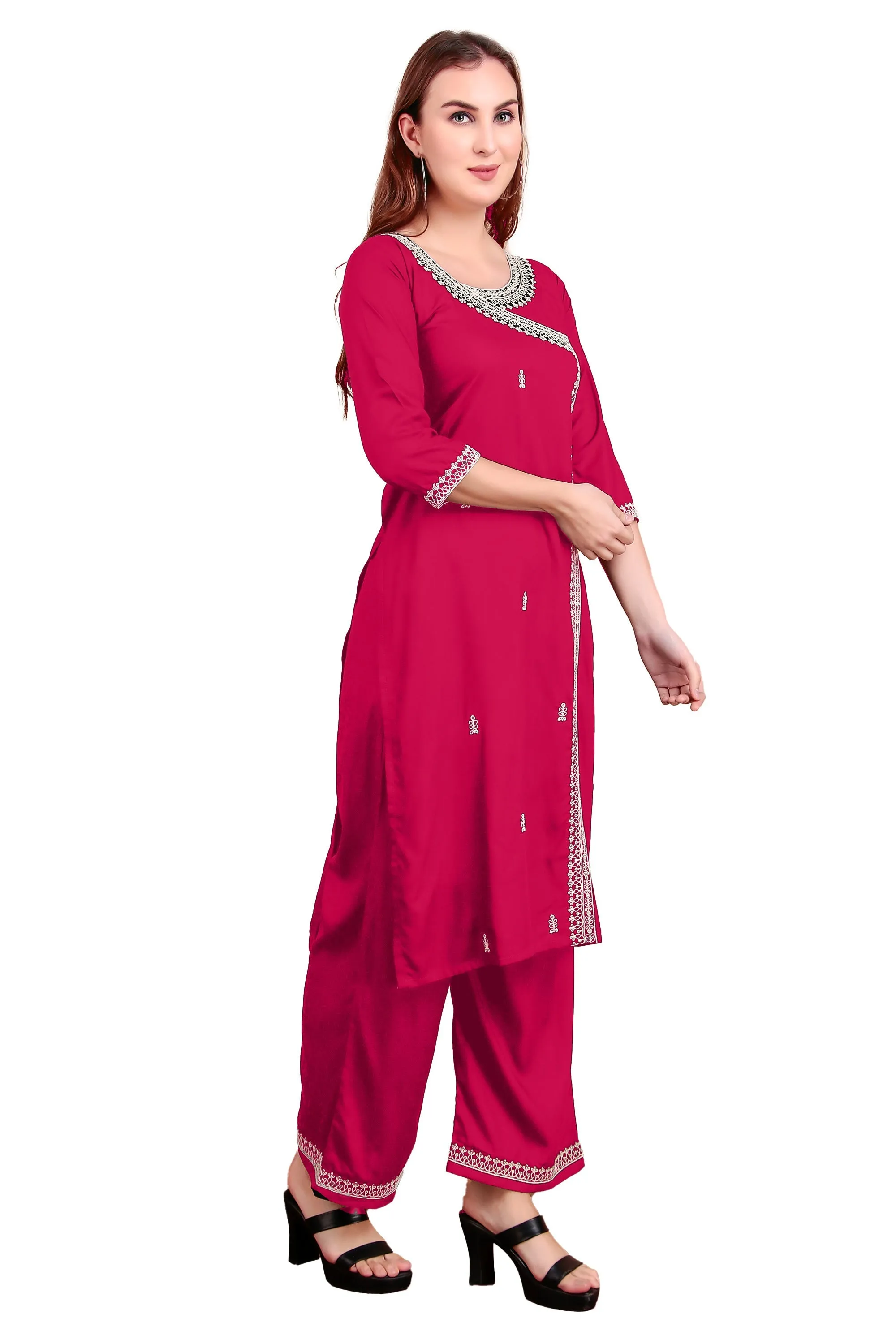 Ambarlyn Women's Rayon Slub Angrakha Kurta with Pants Set | Embroidery & Sequins | 2-Piece Ethnic Set