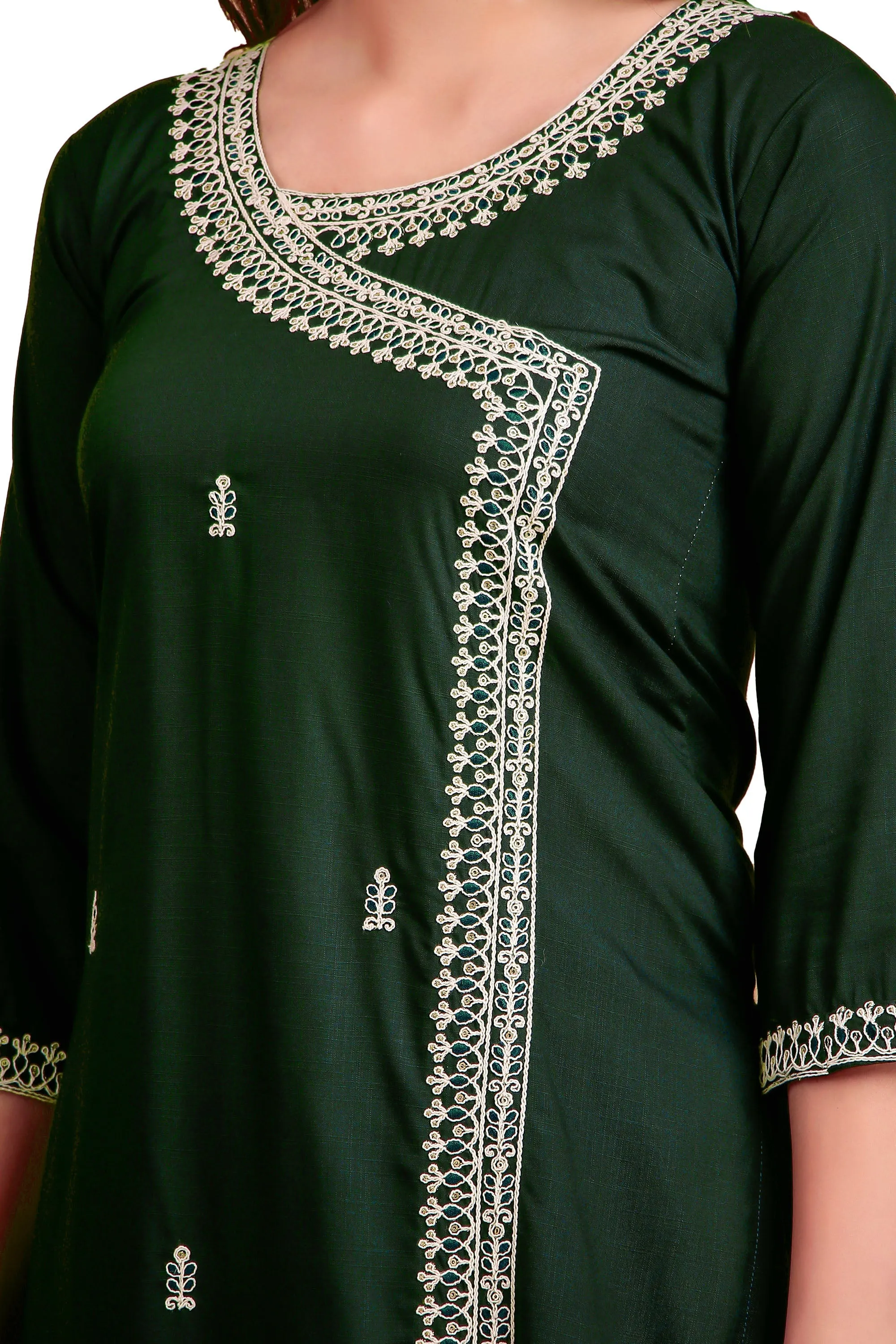 Ambarlyn Women's Rayon Slub Angrakha Kurta with Pants Set | Embroidery & Sequins | 2-Piece Ethnic Set