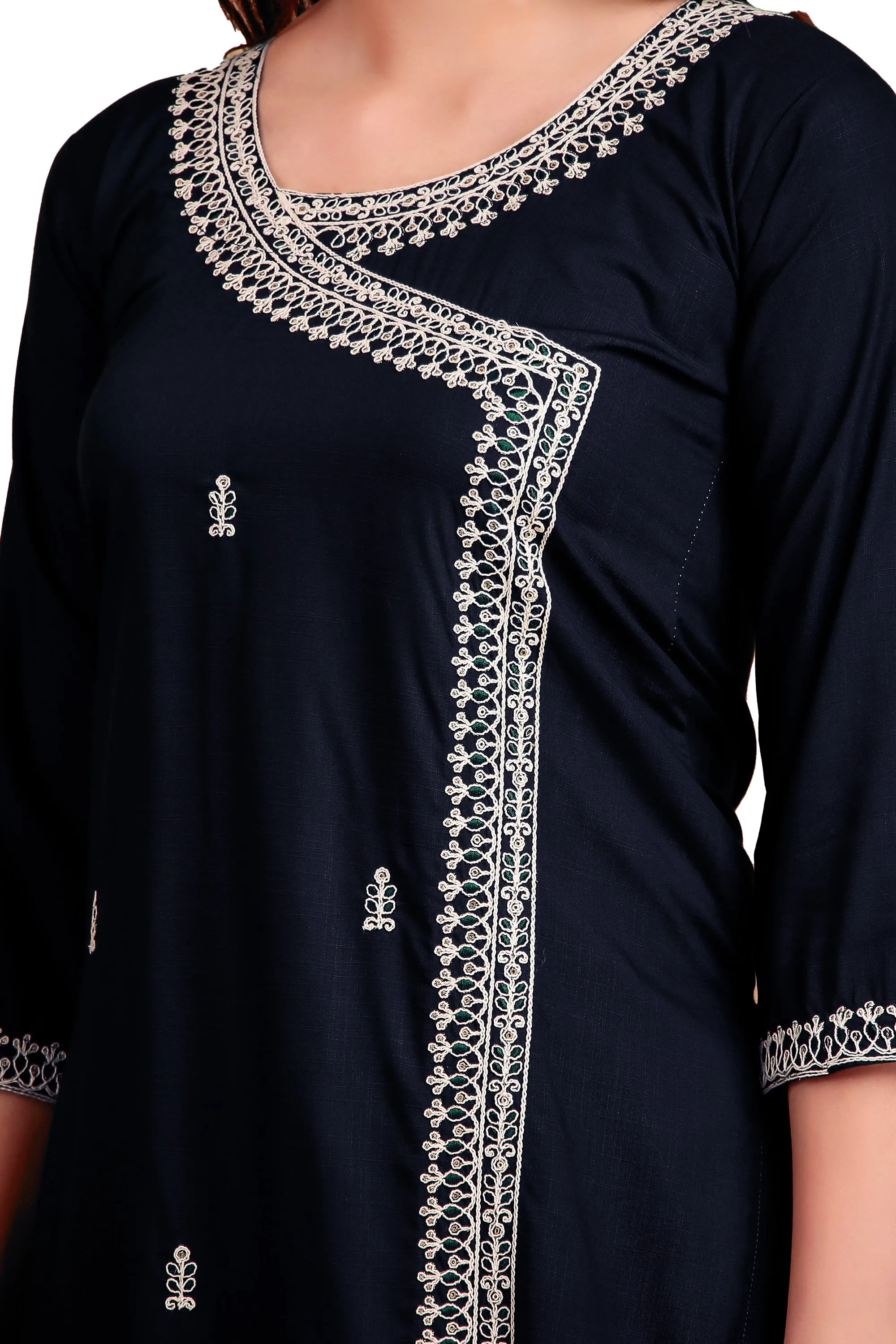 Ambarlyn Women's Rayon Slub Angrakha Kurta with Pants Set | Embroidery & Sequins | 2-Piece Ethnic Set