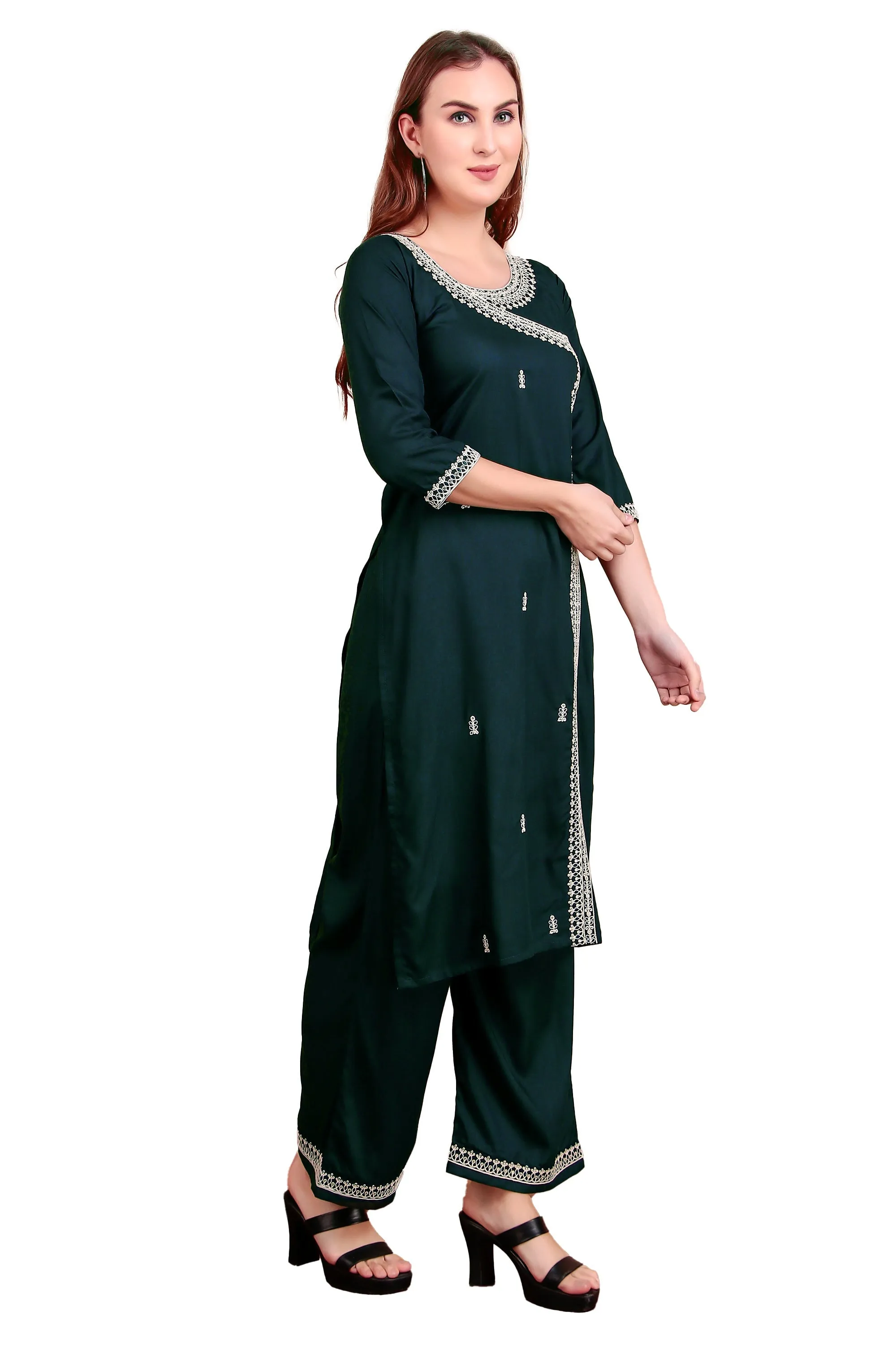 Ambarlyn Women's Rayon Slub Angrakha Kurta with Pants Set | Embroidery & Sequins | 2-Piece Ethnic Set