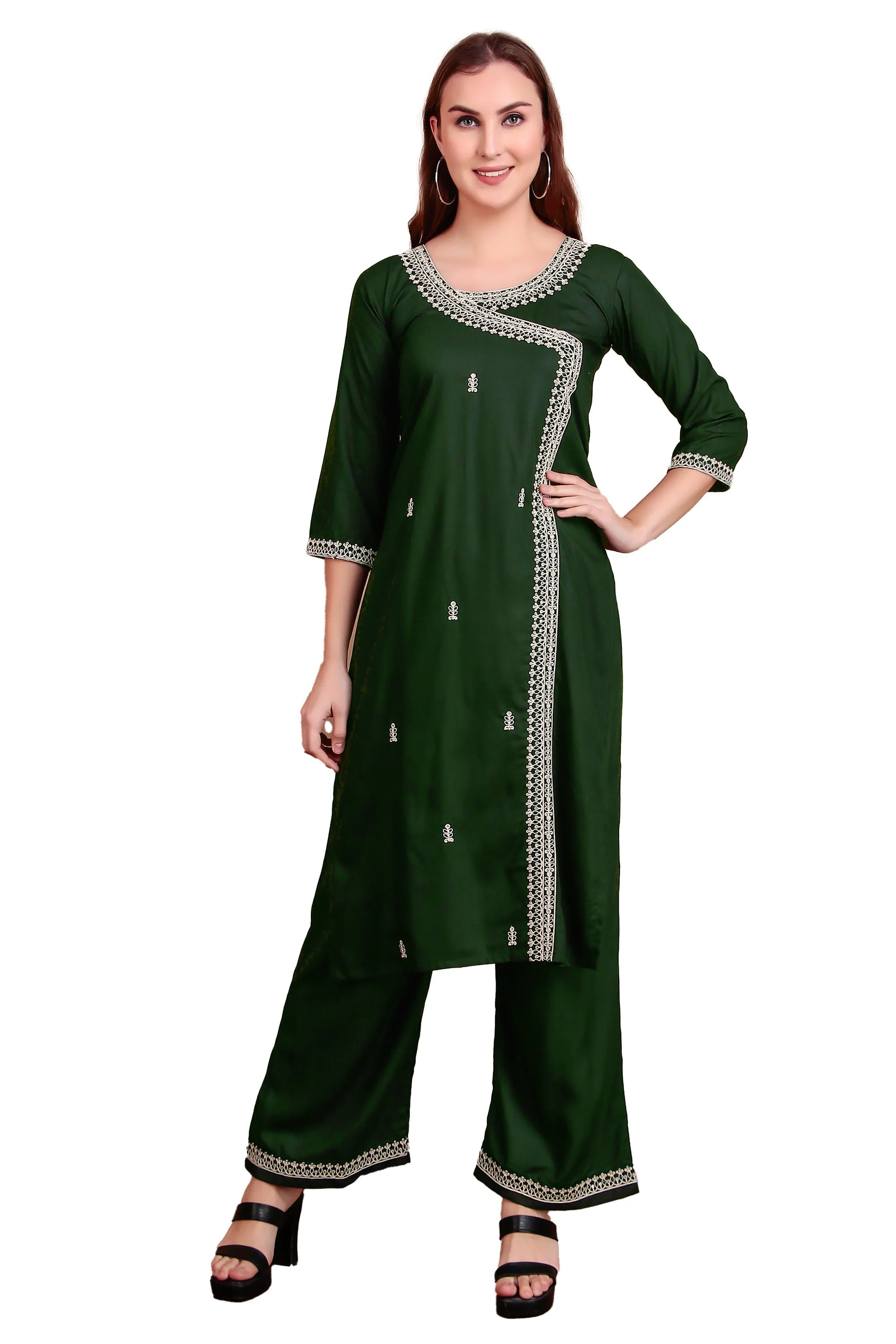 Ambarlyn Women's Rayon Slub Angrakha Kurta with Pants Set | Embroidery & Sequins | 2-Piece Ethnic Set