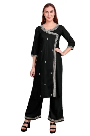 Ambarlyn Women's Rayon Slub Angrakha Kurta with Pants Set | Embroidery & Sequins | 2-Piece Ethnic Set
