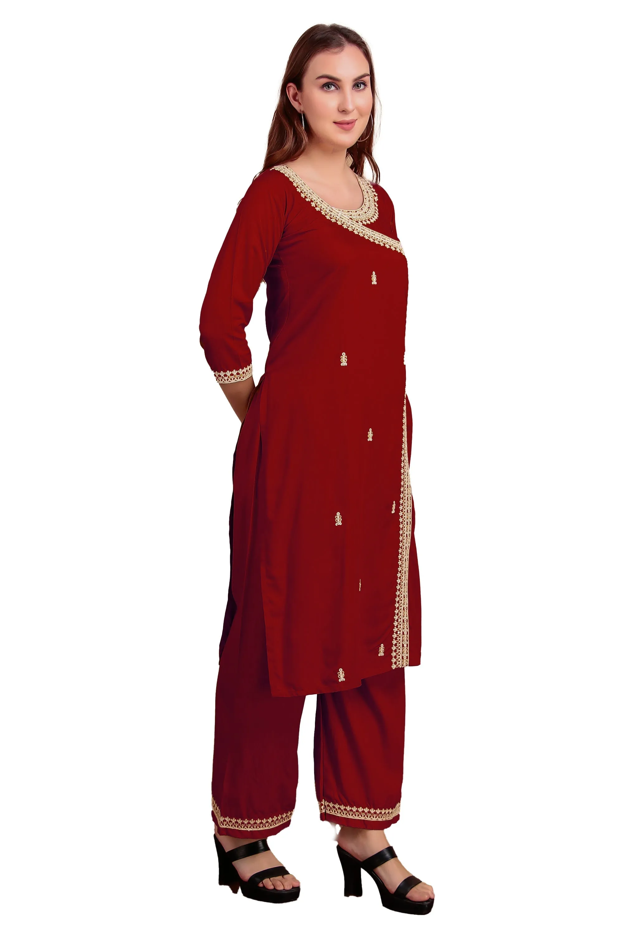 Ambarlyn Women's Rayon Slub Angrakha Kurta with Pants Set | Embroidery & Sequins | 2-Piece Ethnic Set