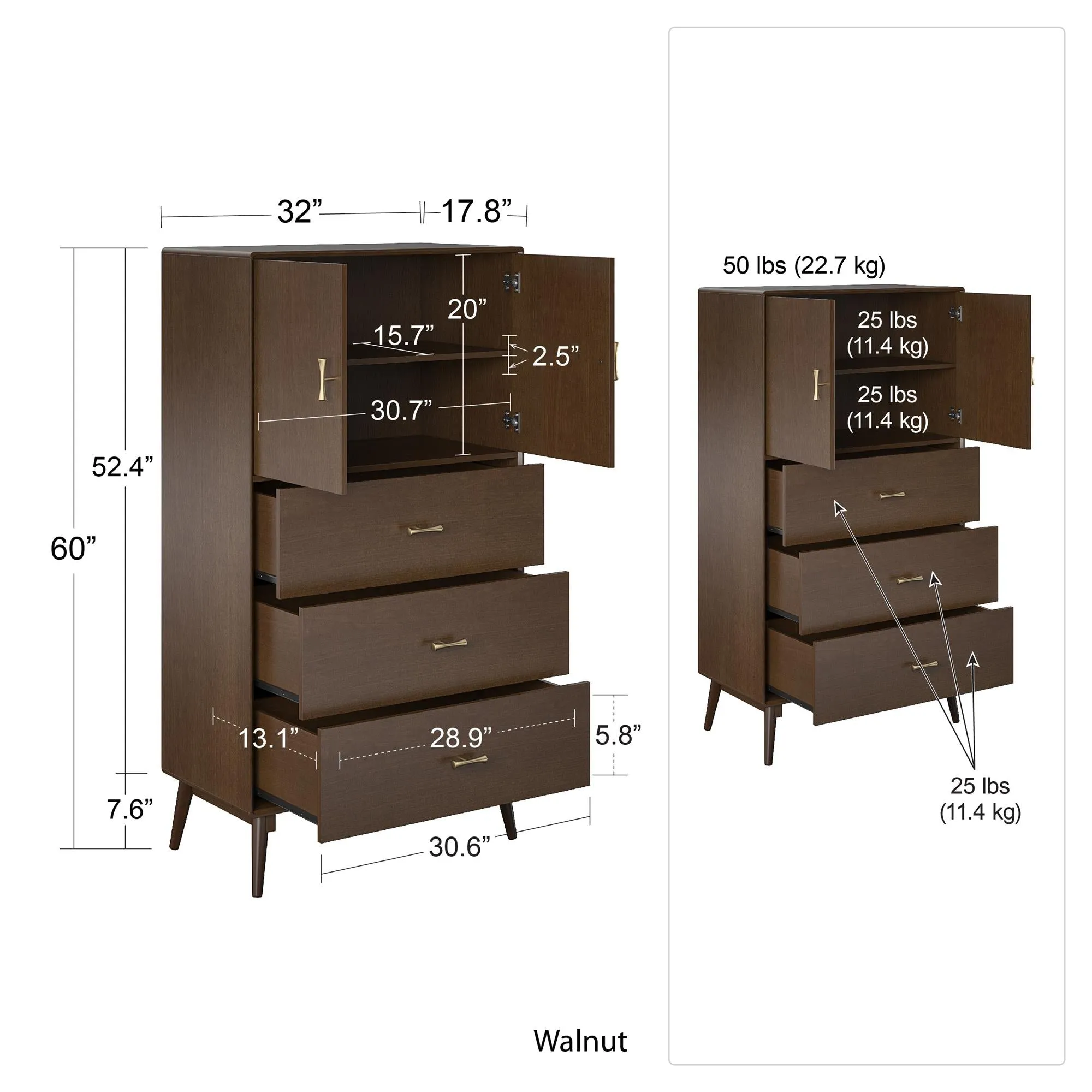 Brittany Tall 3 Drawer Dresser, Walnut