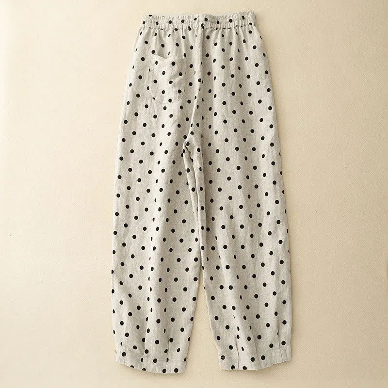 Buddha Stones Casual Black Polka Dots Drawstring Cotton Linen Women's Pants With Pockets