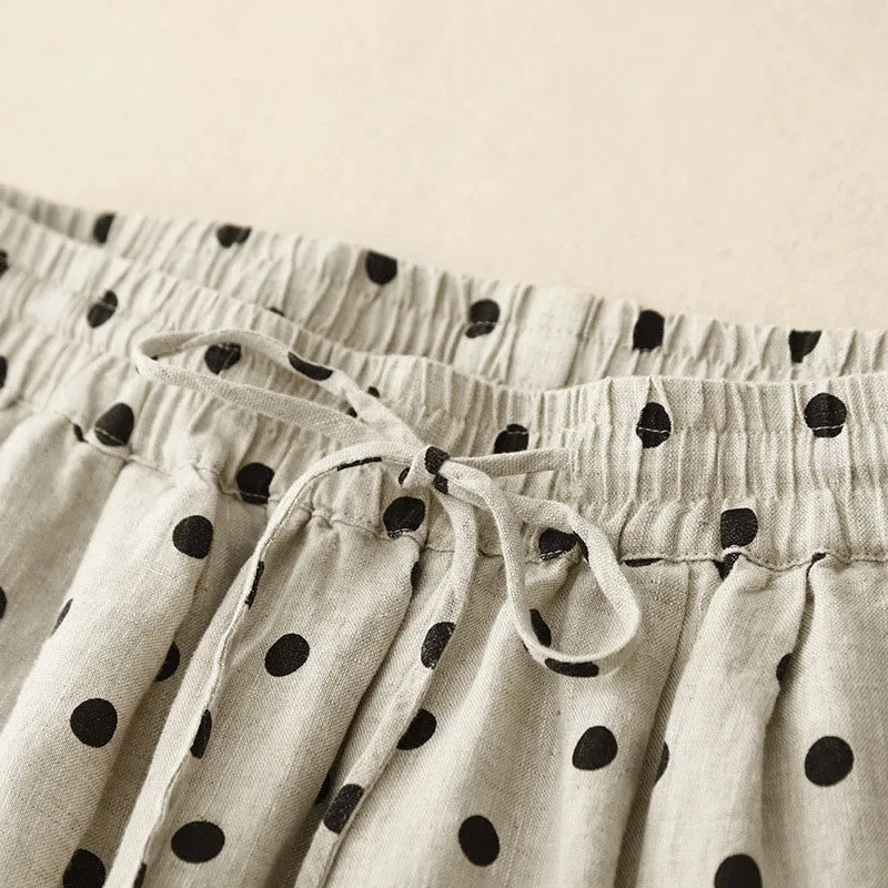 Buddha Stones Casual Black Polka Dots Drawstring Cotton Linen Women's Pants With Pockets