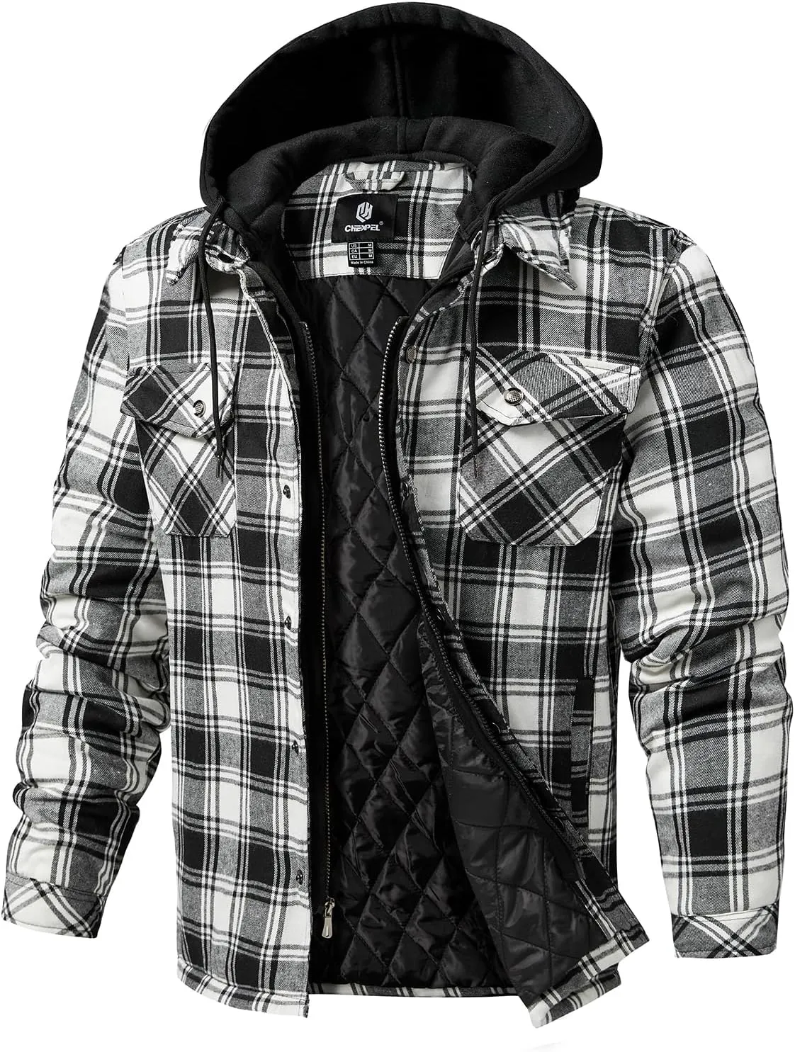 CHEXPEL Flannel Jackets for Men Long Sleeve Plaid Shirt Jacket Quilt Lined Hooded with Button Down Winter Coat