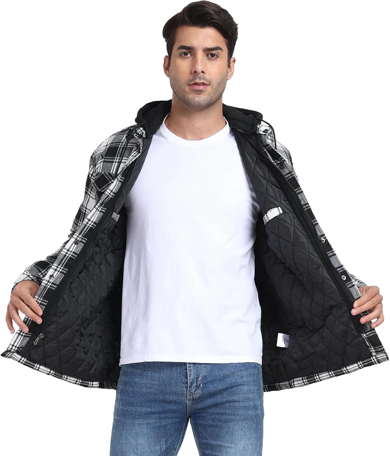 CHEXPEL Flannel Jackets for Men Long Sleeve Plaid Shirt Jacket Quilt Lined Hooded with Button Down Winter Coat