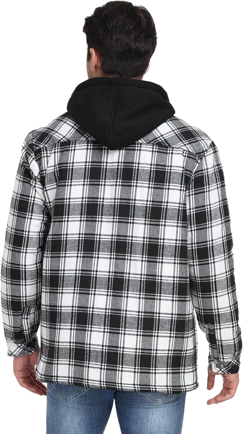 CHEXPEL Flannel Jackets for Men Long Sleeve Plaid Shirt Jacket Quilt Lined Hooded with Button Down Winter Coat