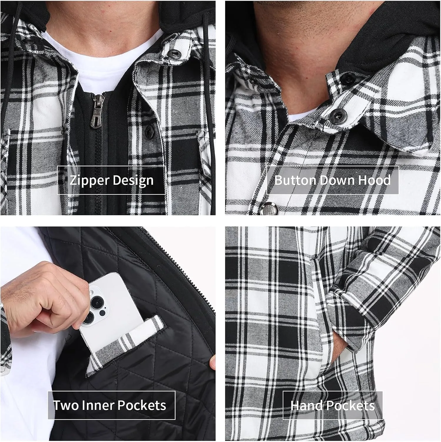 CHEXPEL Flannel Jackets for Men Long Sleeve Plaid Shirt Jacket Quilt Lined Hooded with Button Down Winter Coat
