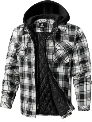 CHEXPEL Flannel Jackets for Men Long Sleeve Plaid Shirt Jacket Quilt Lined Hooded with Button Down Winter Coat