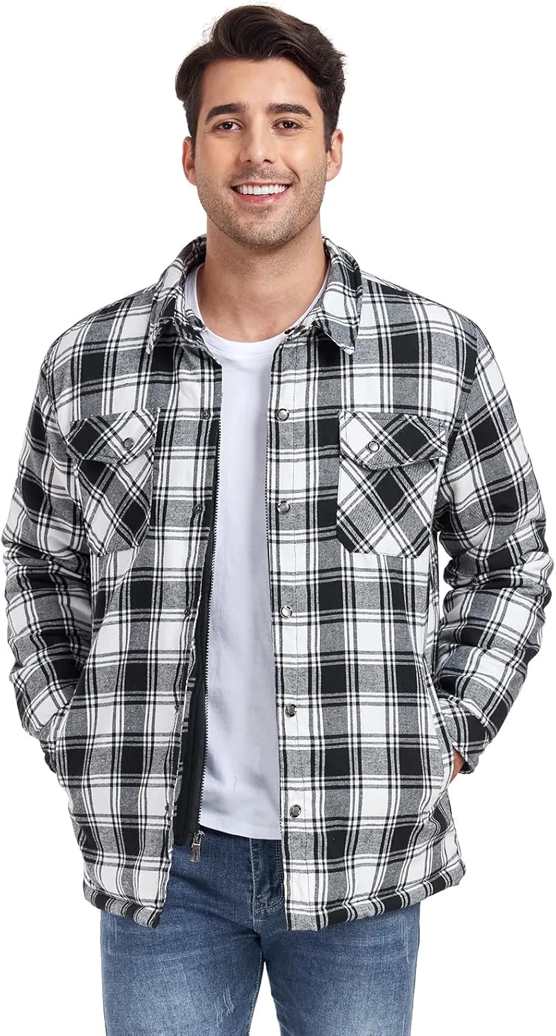 CHEXPEL Flannel Jackets for Men Long Sleeve Plaid Shirt Jacket Quilt Lined Hooded with Button Down Winter Coat