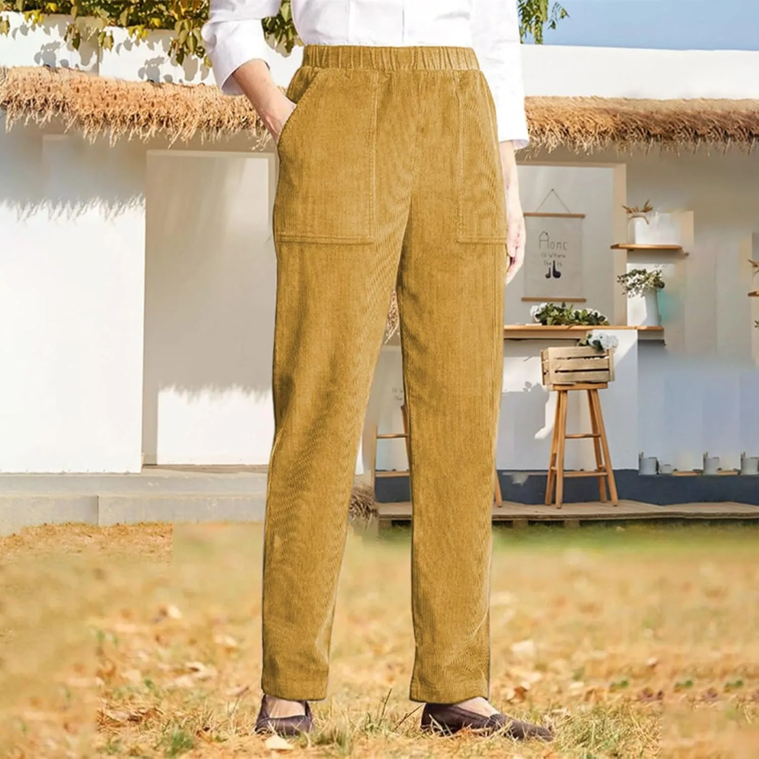 Corduroy Pants Women Casual Elastic High Waist Petite Pants Straight Leg Pants Loose Comfy Trousers with Pockets