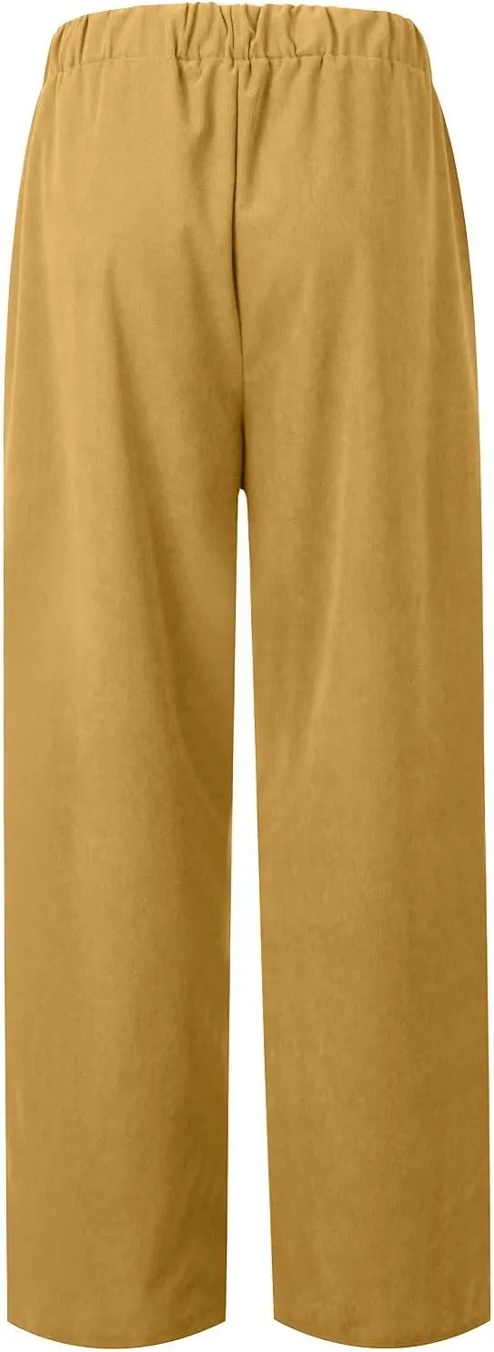 Corduroy Pants Women Casual Elastic High Waist Petite Pants Straight Leg Pants Loose Comfy Trousers with Pockets