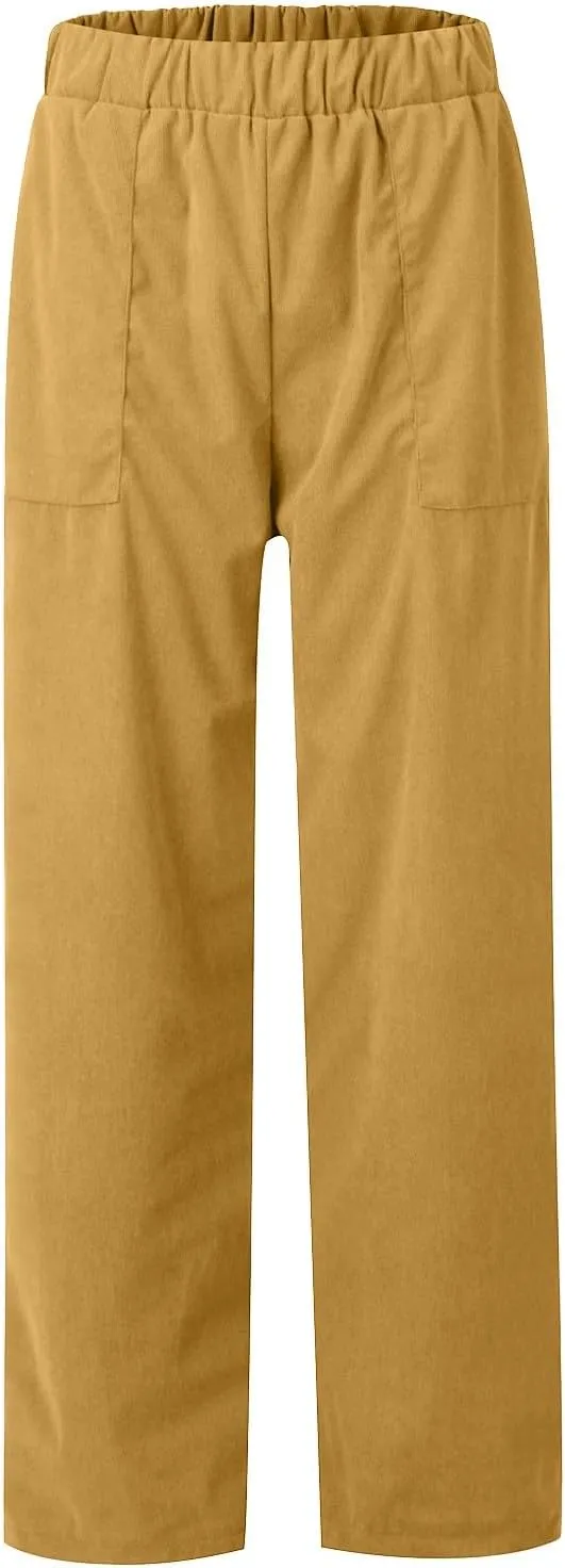 Corduroy Pants Women Casual Elastic High Waist Petite Pants Straight Leg Pants Loose Comfy Trousers with Pockets