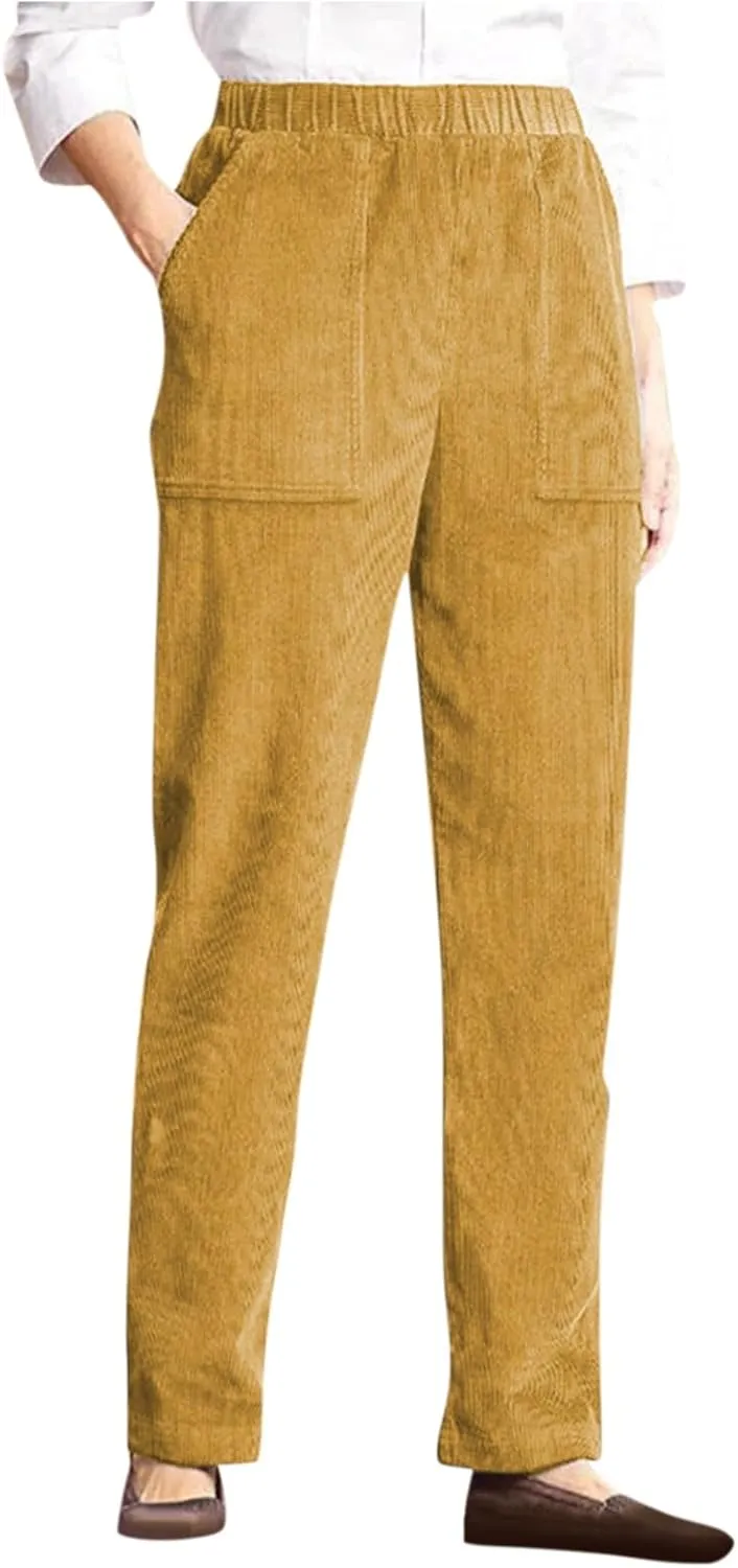 Corduroy Pants Women Casual Elastic High Waist Petite Pants Straight Leg Pants Loose Comfy Trousers with Pockets