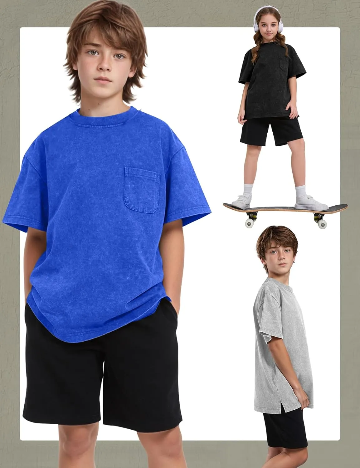 COZYPOIN 3 Pack Unisex Boys Girls T-Shirts Kids Short Sleeve Crewneck Acid Washed Tee Shirts Summer Tops 5-14Y