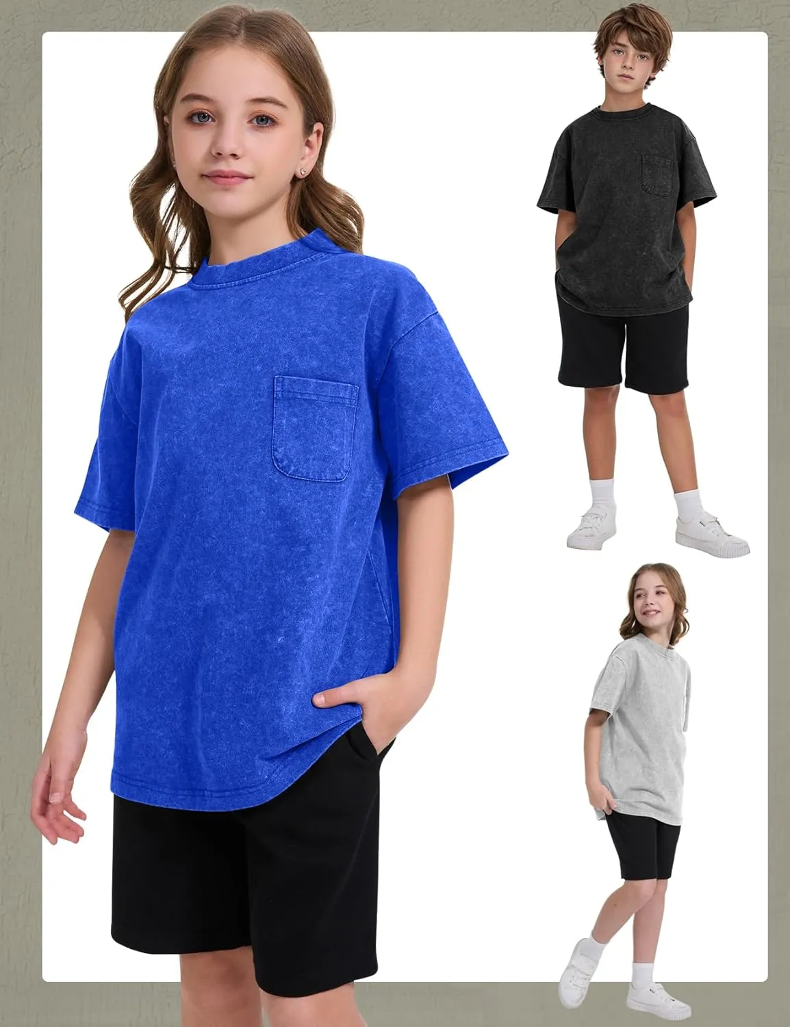 COZYPOIN 3 Pack Unisex Boys Girls T-Shirts Kids Short Sleeve Crewneck Acid Washed Tee Shirts Summer Tops 5-14Y