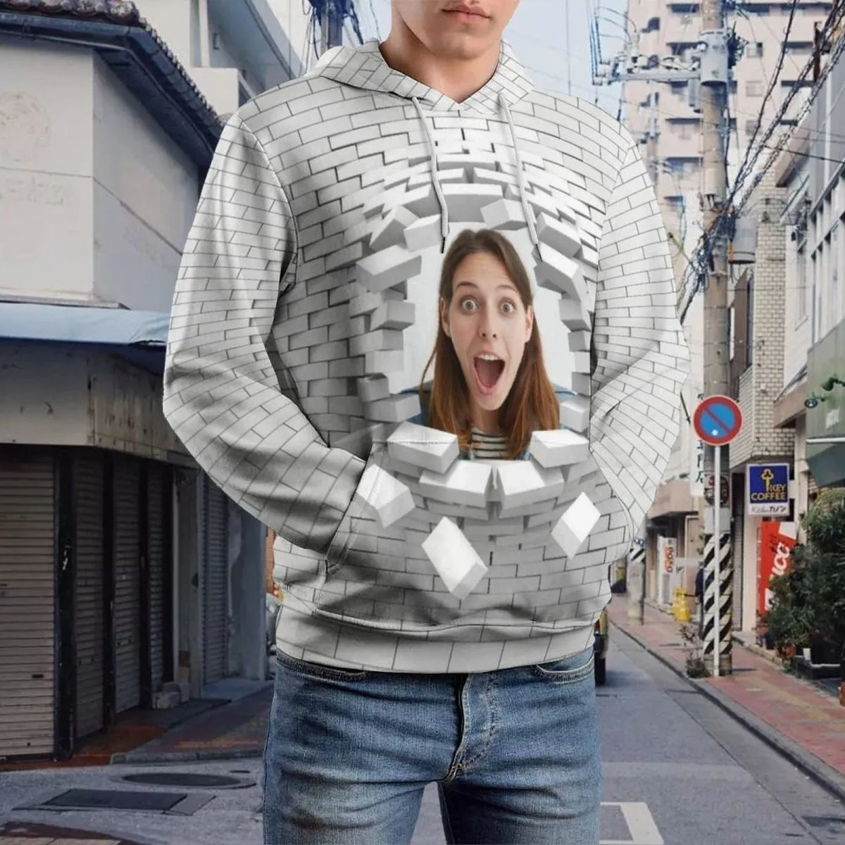 Custom Face Hoodie White Wall Background Large Size Hooded Pullover Personalized Big Face Loose Design Your Own Hoodie
