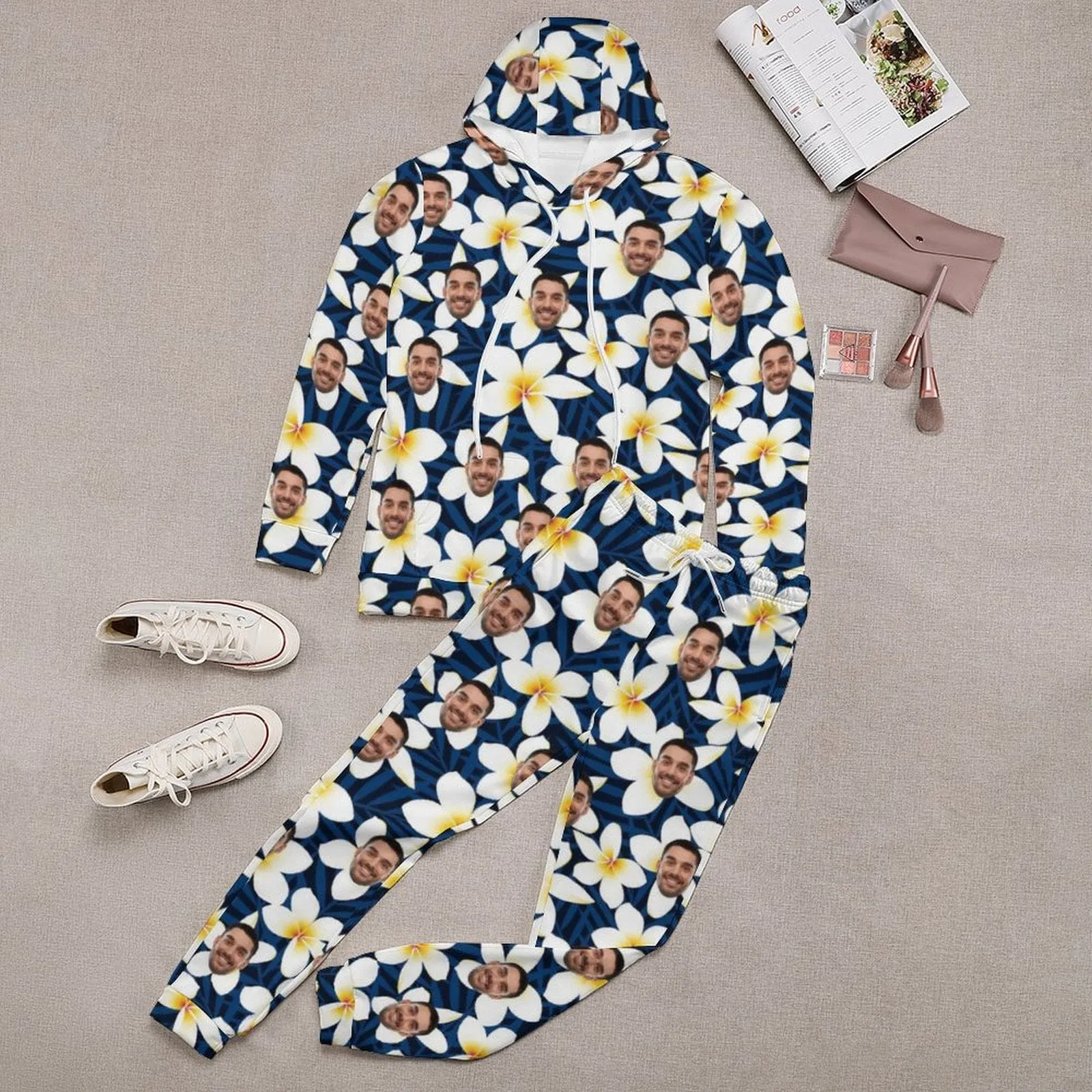 Custom Face White Flower Hoodie Sweatpant Set Personalized Unisex Loose Hoodie Top Outfits