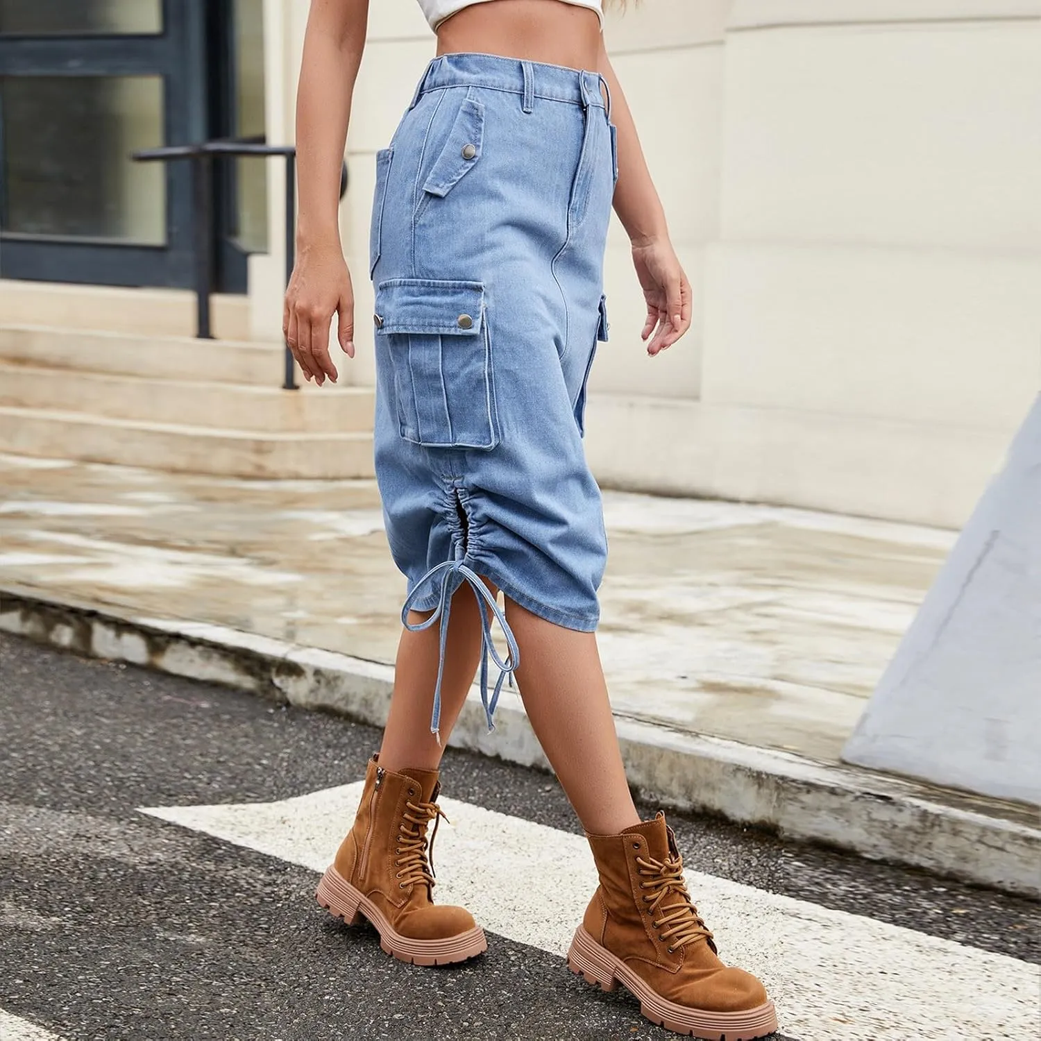Denim Cargo Skirt Women Midi Skirt Pockets Ruched Street Jean Outfit