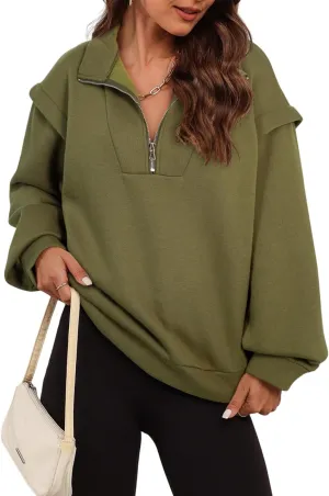 EVALESS Womens Oversized Sweatshirts Casual Half Zip Up Hoodies V Neck Long Sleeve Loose Fall Clothes Outfits Pullover