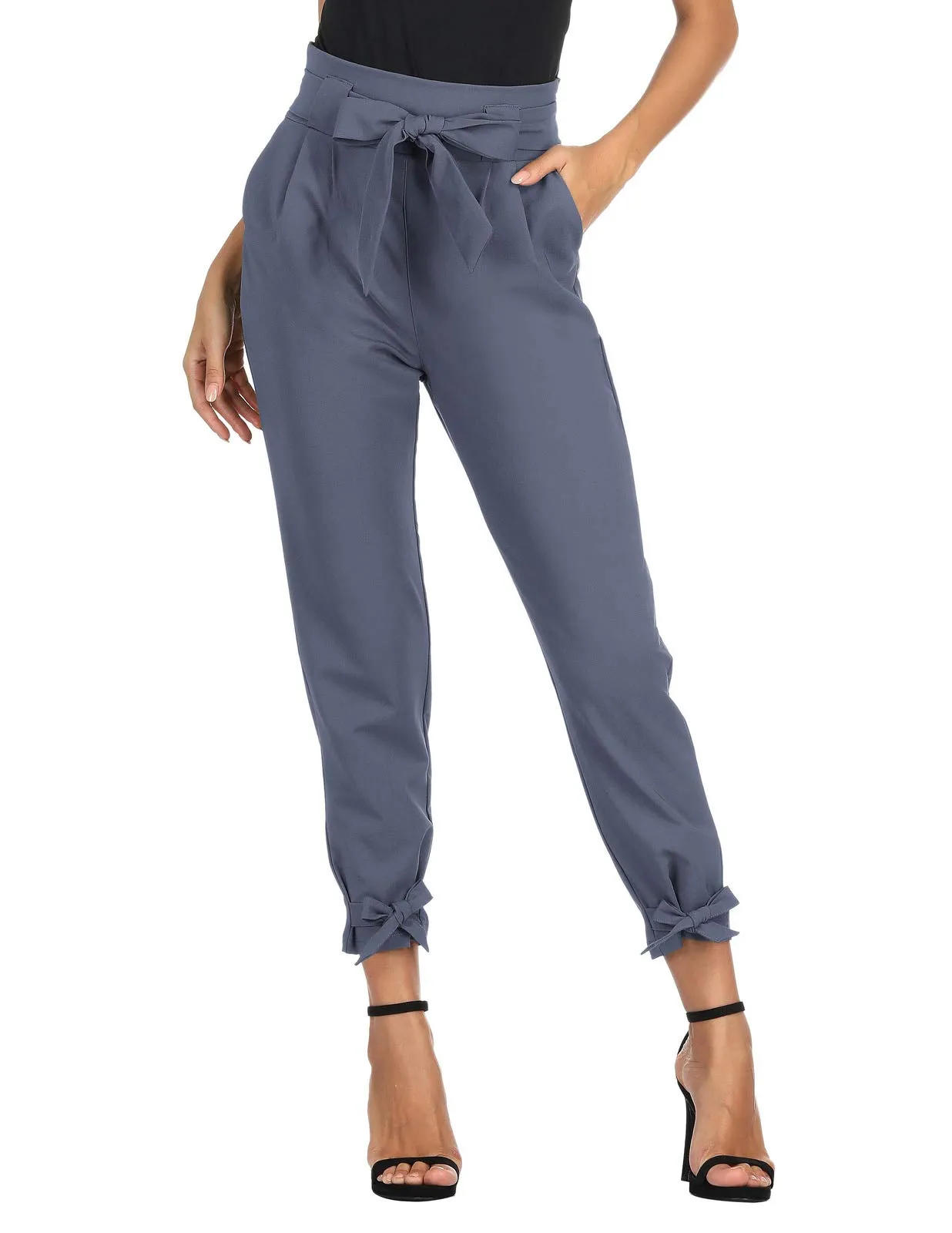 GRACE KARIN Womens Casual High Waist Pencil Pants with Pockets Bow-Knot Cropped Paper Bag Pants for Work Blue-Gray S