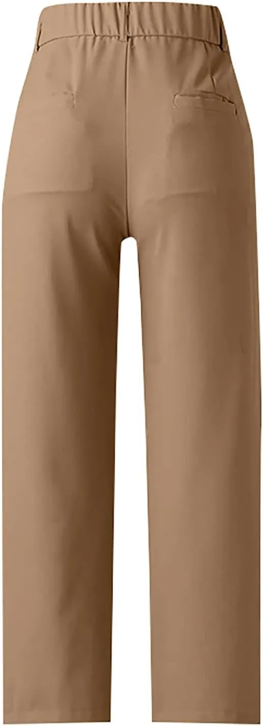 Gumipy Crepe Pleated Pants for Women High Waisted Wide Leg Pants Plus Size Elastic Stretch Palazzo Pants Work Office Trousers