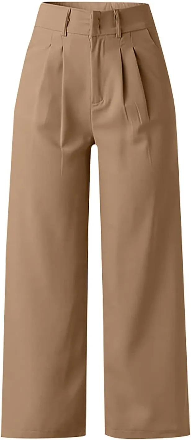 Gumipy Crepe Pleated Pants for Women High Waisted Wide Leg Pants Plus Size Elastic Stretch Palazzo Pants Work Office Trousers
